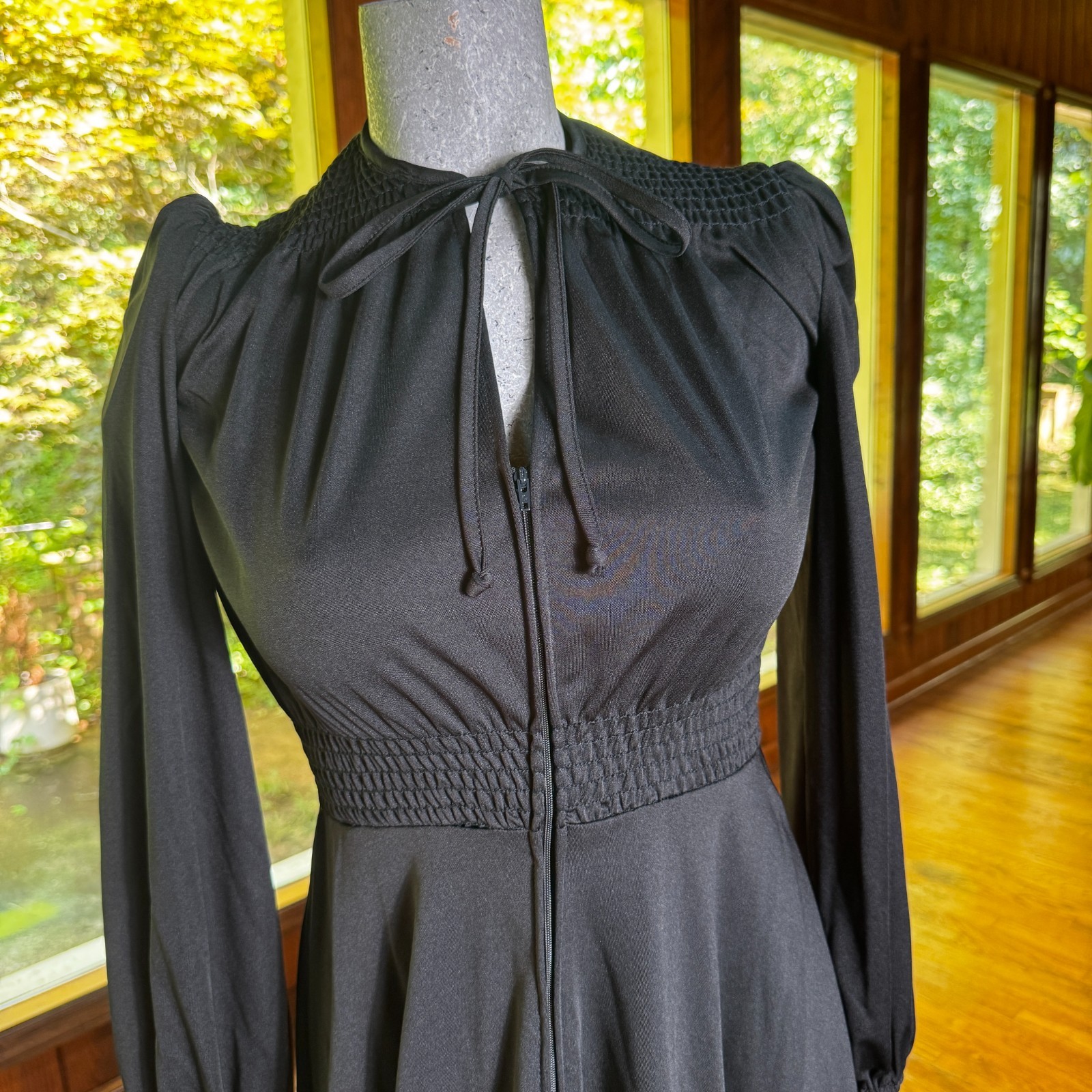Vintage 70s Young Edwardian by Arpeja Smocked Black Dress Gothic Romantic Small