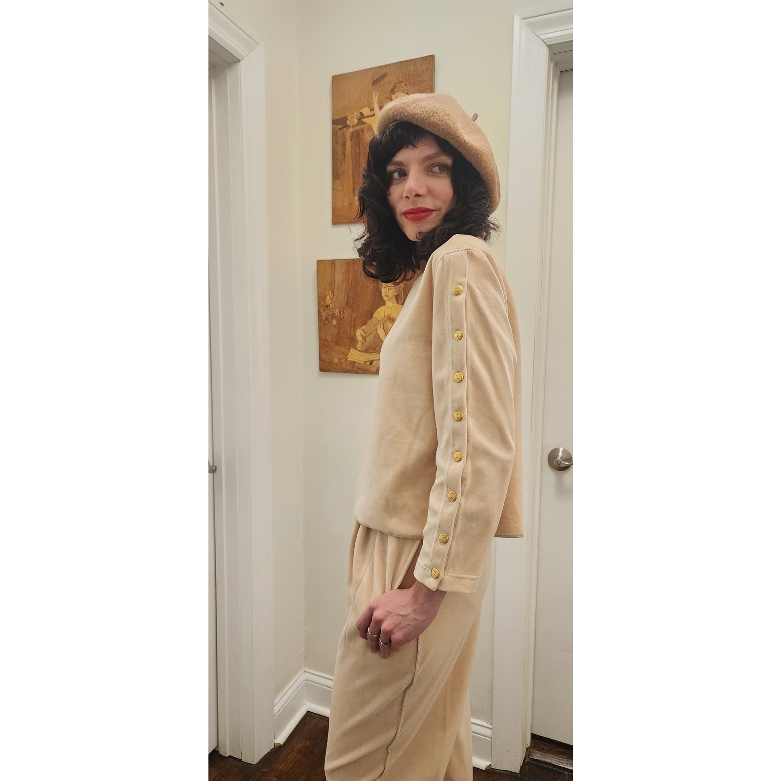 Vintage 90s Sonia Rykiel Velour Track Suit Beige w/Gold Buttons