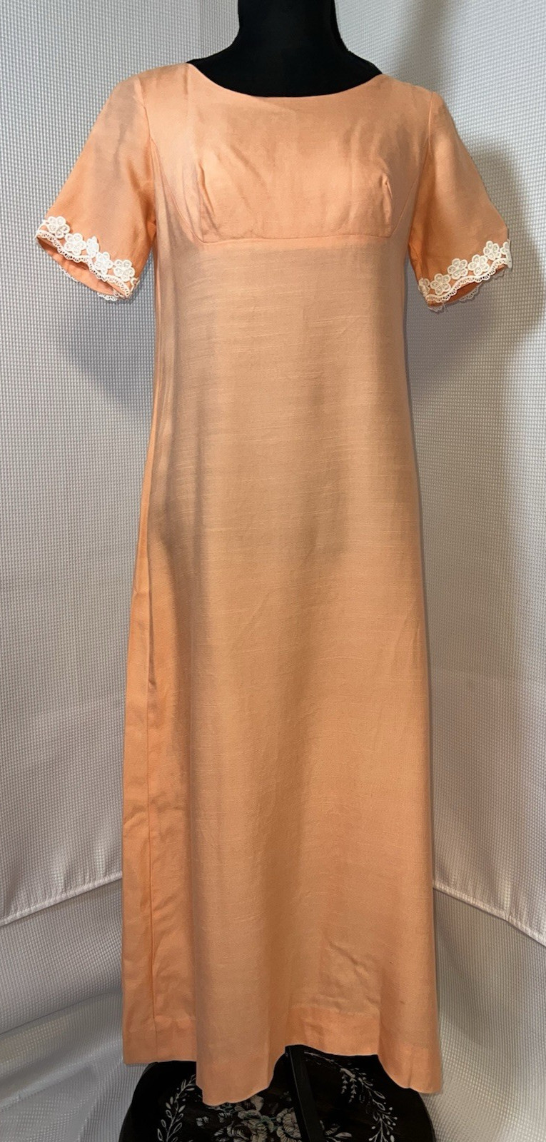 Vintage Peach Empire Waist Dress White Trim Check Measurements Maxi u38