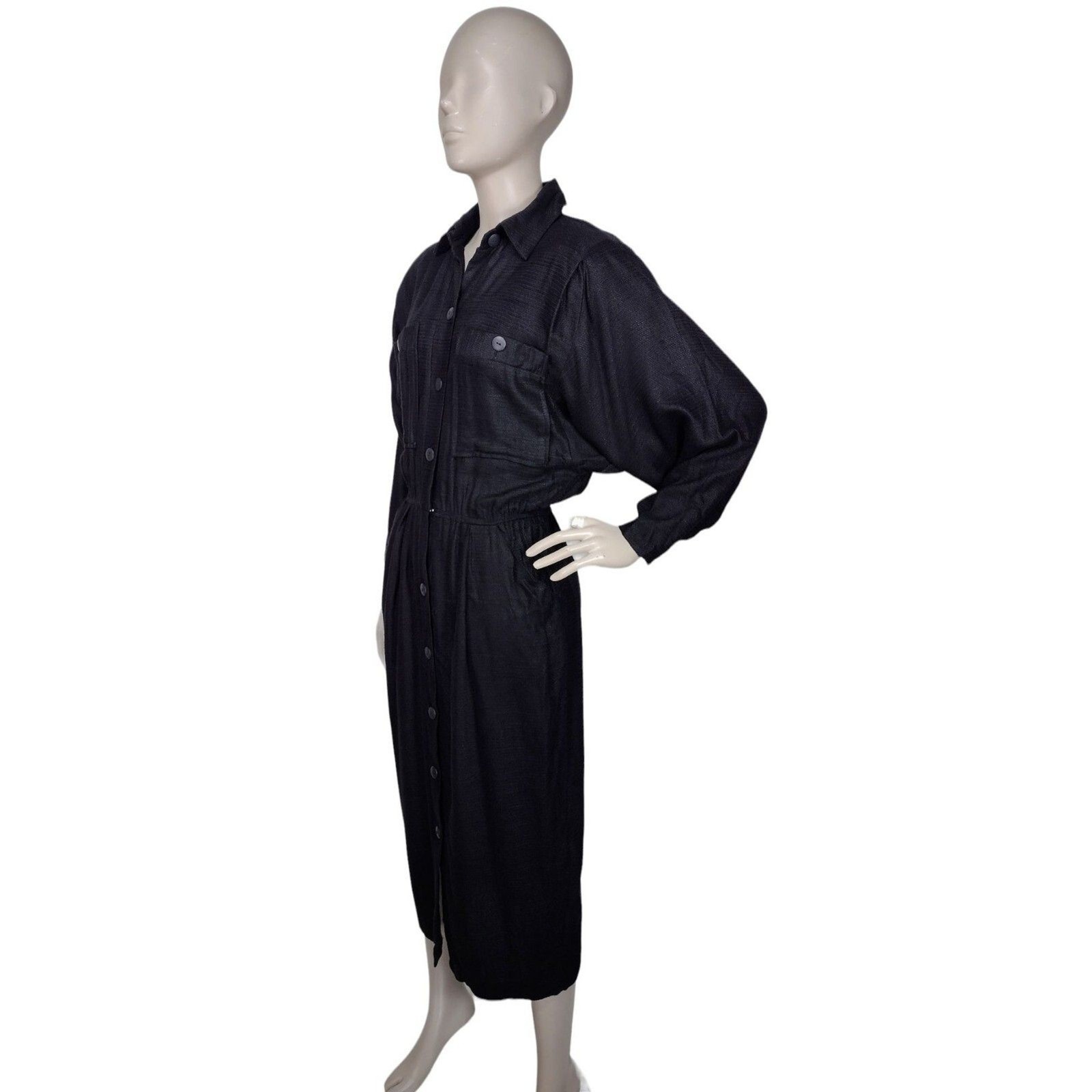 Vintage 80s Phoebe Black Textured Button-Down Batwing Sleeve Midi Wiggle Dress