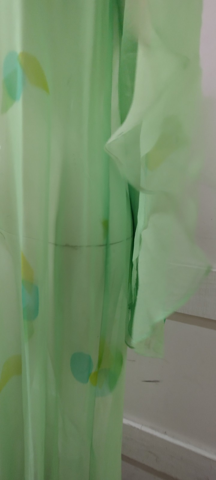 Vintage Psychedelic Jade Green Silk Chiffon Wide Bell Sleeves Maxi Gown Sheer L