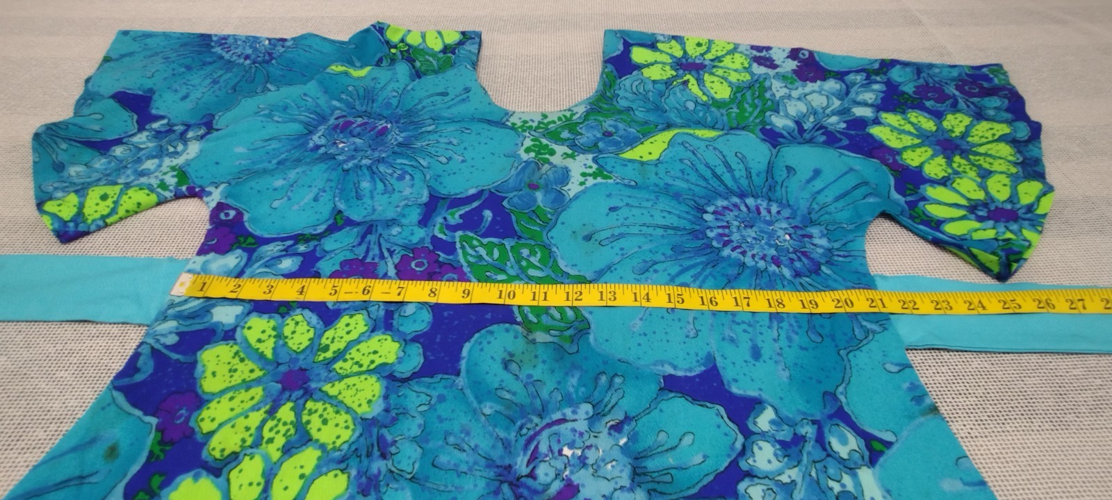 Vintage Maxi Dress Barkcloth Neon Turquoise Huge Flowers 60s Draper’s TWO POTATO