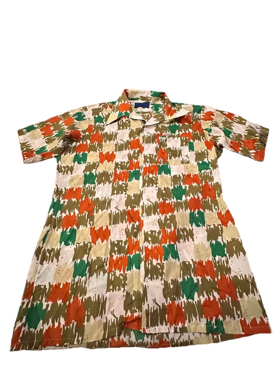 Vintage 60-70s Pringle Of Scotland Abstract Print Camp Collar Shirt XL Retro Mod