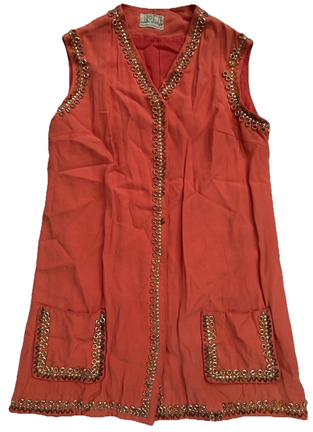1960s Estelle Allardale Designer Orange Gold Beaded Blouse Retro Small MOD