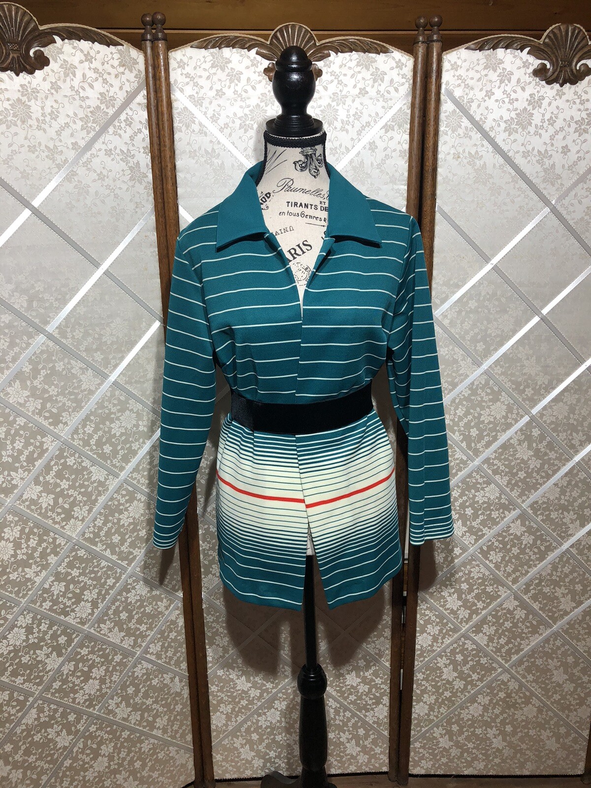 Vintage 70s Open Front Polyester Jacket Teal Multi Color Stripe Size 18