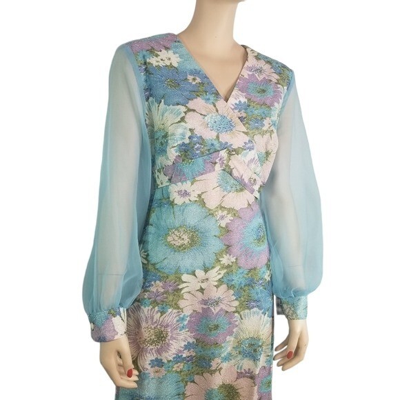 Vtg 70s floral lurex metallic sheer sleeve chiffon hostess formal maxi dress