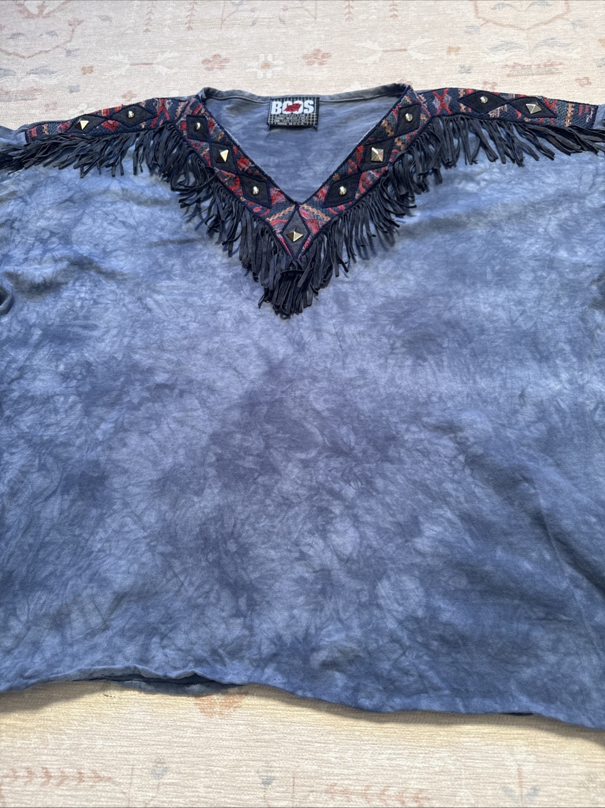 Vintage 90’s Tie Dye Fringe Studded Western T-Shirt Cotton Cowgirl Rodeo O/S
