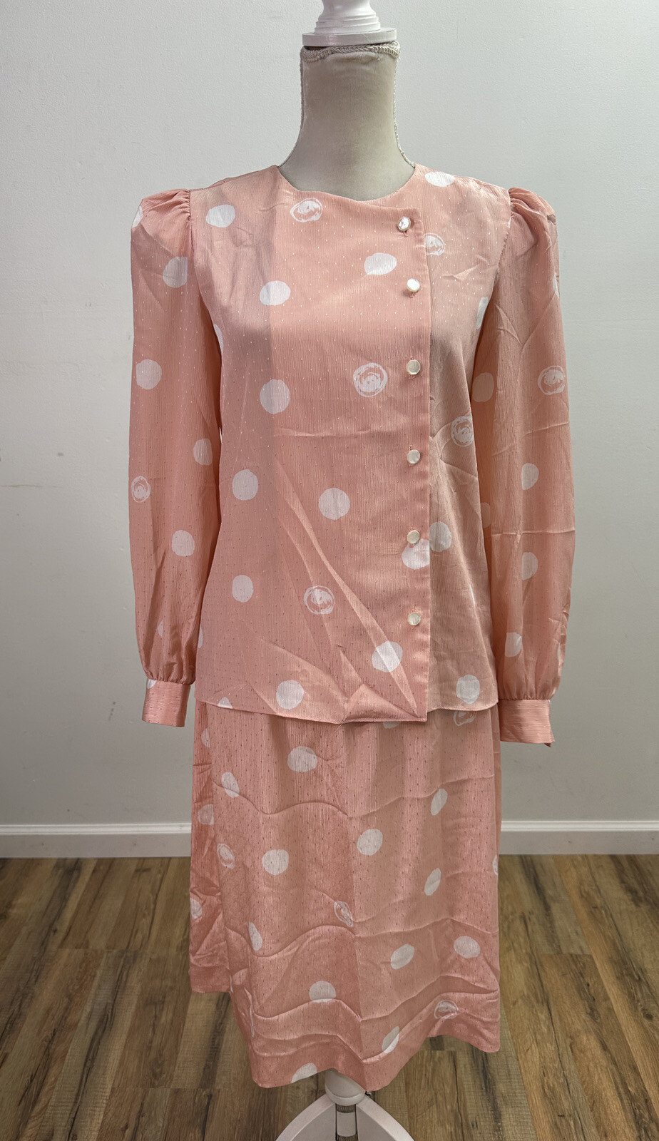 Vintage Pedestal Pink & White Polka Dot Skirt Top Set Women’s Size 10