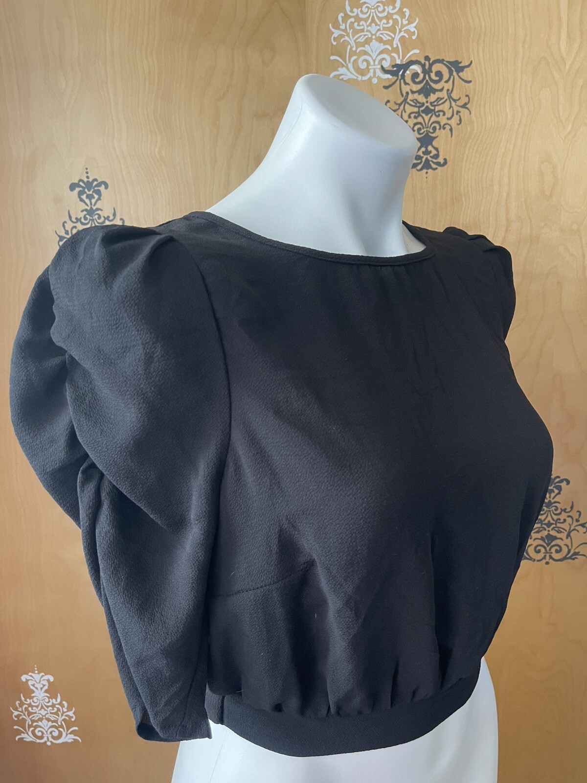 NWT Y2K 2000 Peplum Blouse Crop Top 1/2 Sleeve Adjustable Tie Strings Black S/M