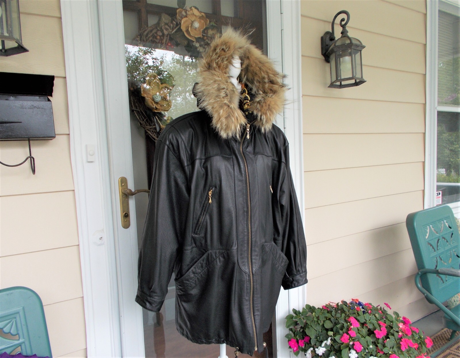 Vntg Jacqueline Ferrar Genuine Leather Jacket Coat Black W/Coyote Fur Hood L/XL