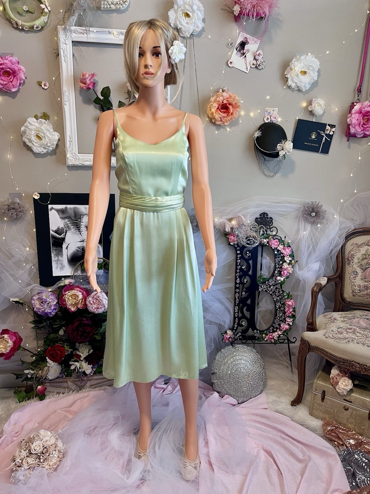 Vintage Satin Light Green Tea-Length Dress | Handmade | Removable Belt