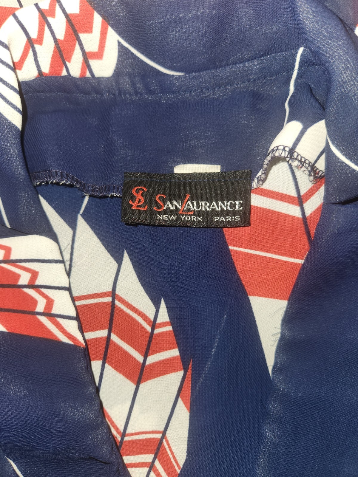 Vintage 80s San Laurance Navy Blue Fan & Floral Print Wrap-Style Day Dress