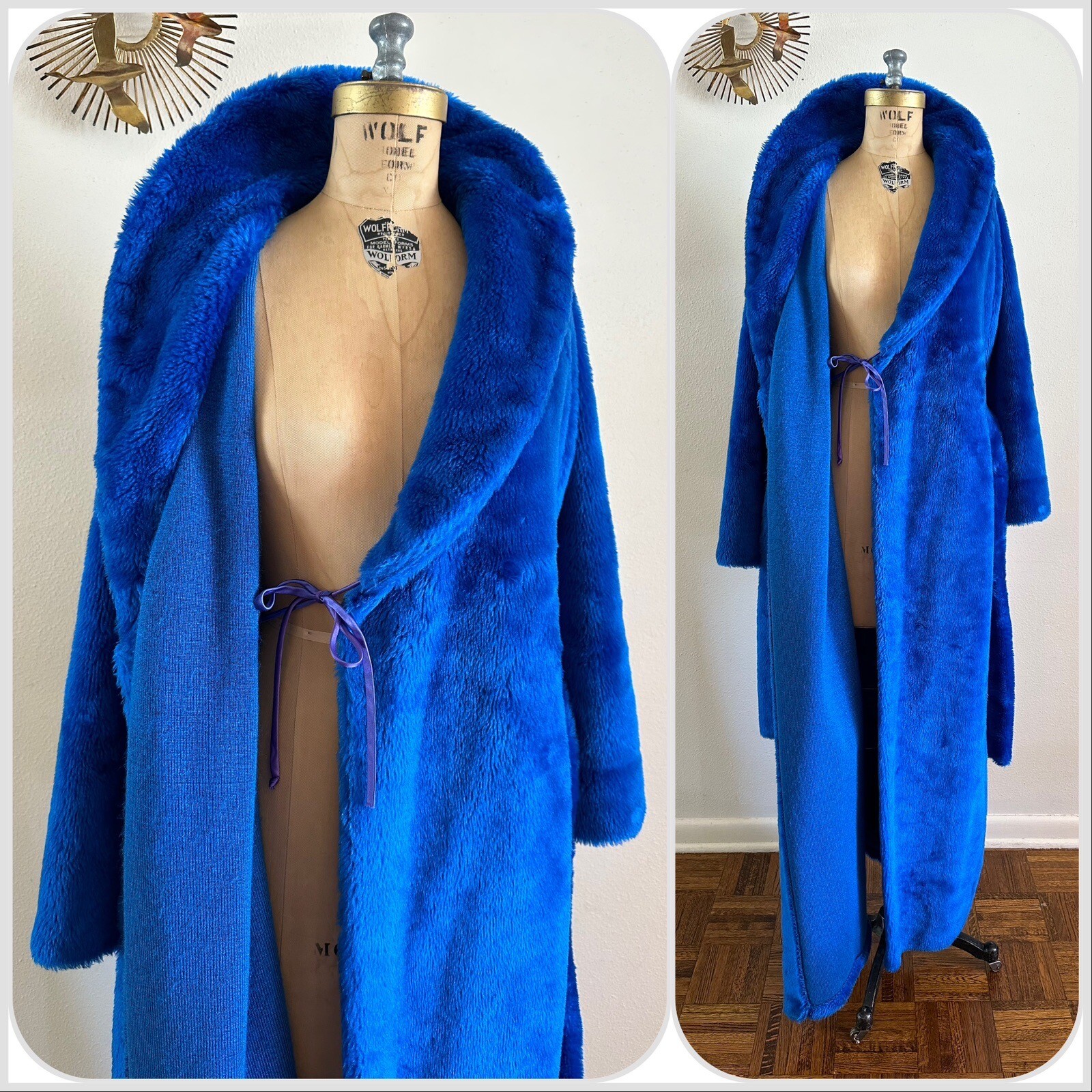 1970s Montgomery Ward Electric Blue Shag Robe Plush Faux Fur Belted Medium VTG