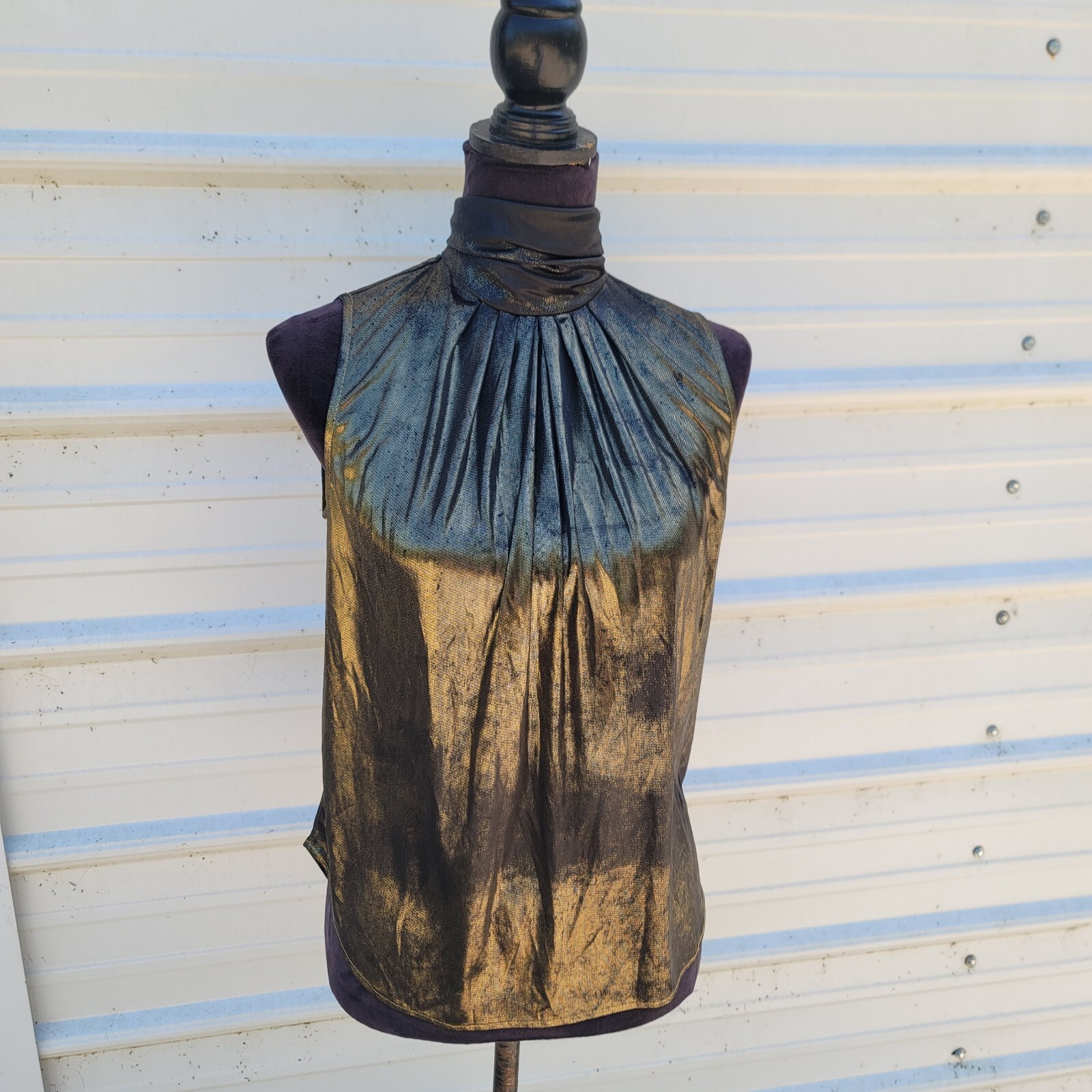 Vintage Anna Kriste Blouse Shirt – Size 10 Petite – Black Gold High Neck Shiny