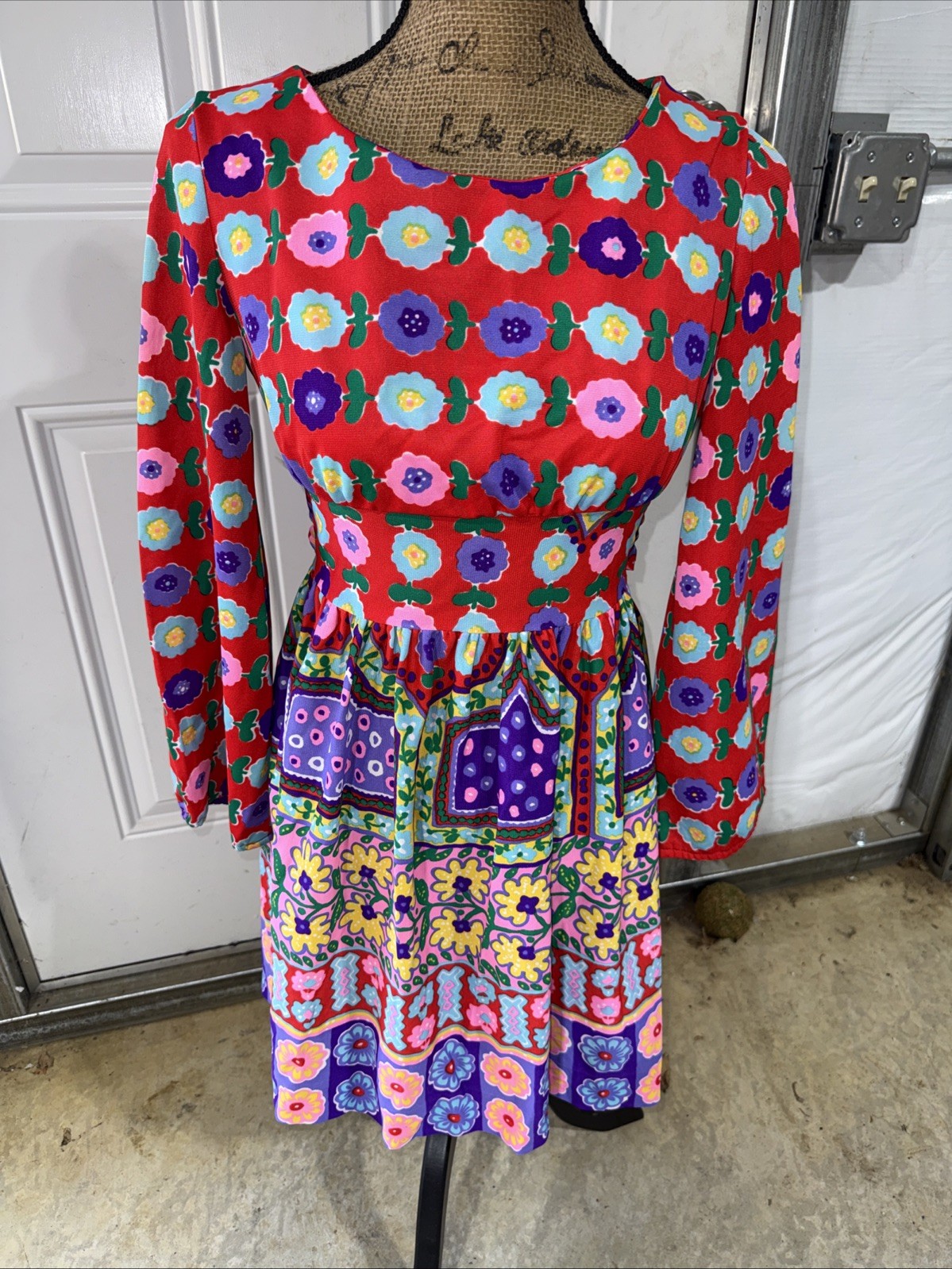 Vintage Sears Jr Bazaar 1960s Psychedelic Patch Work Flowers Dress