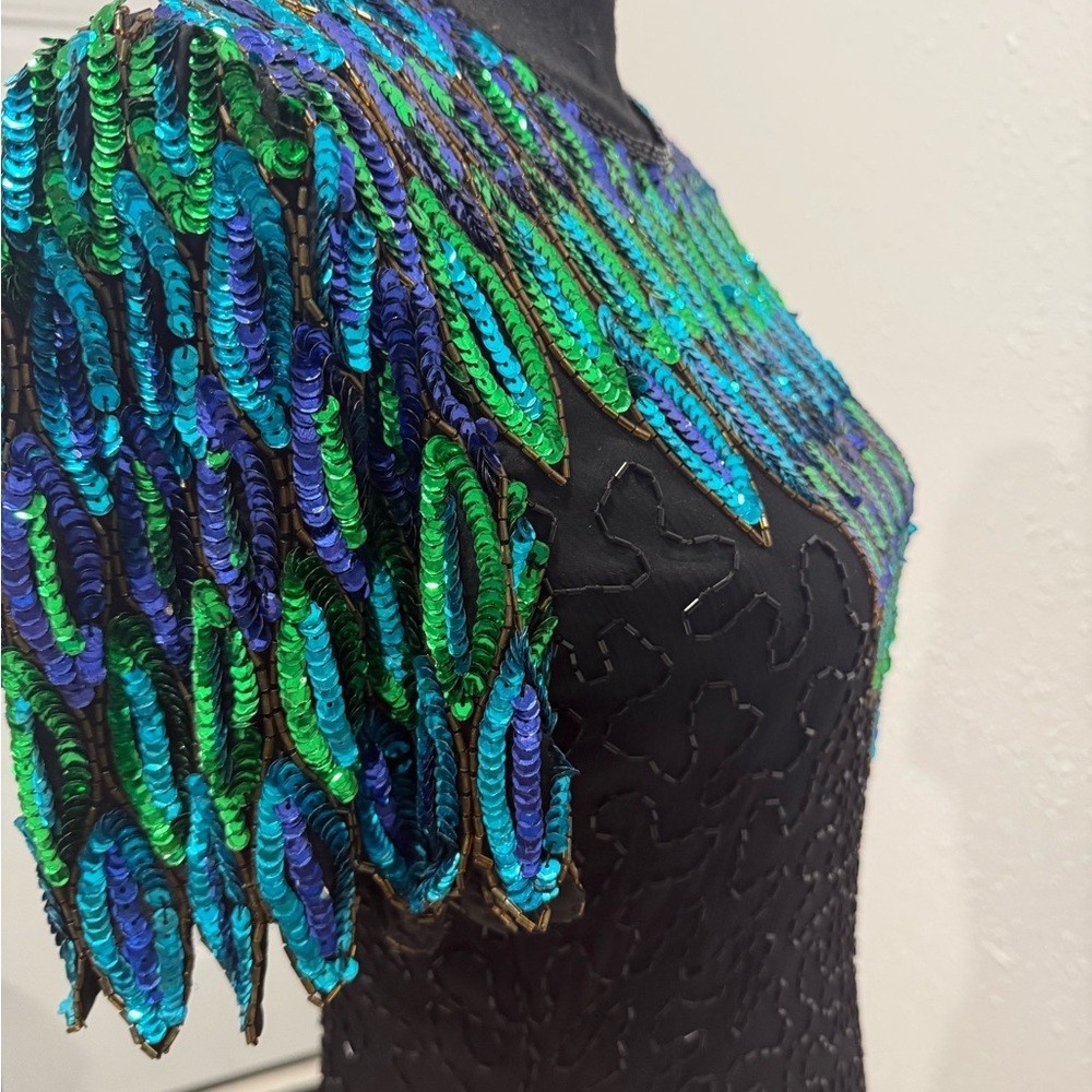 Vintage Stunning Black 100% silk Dress with Green and Blue Sequins 6