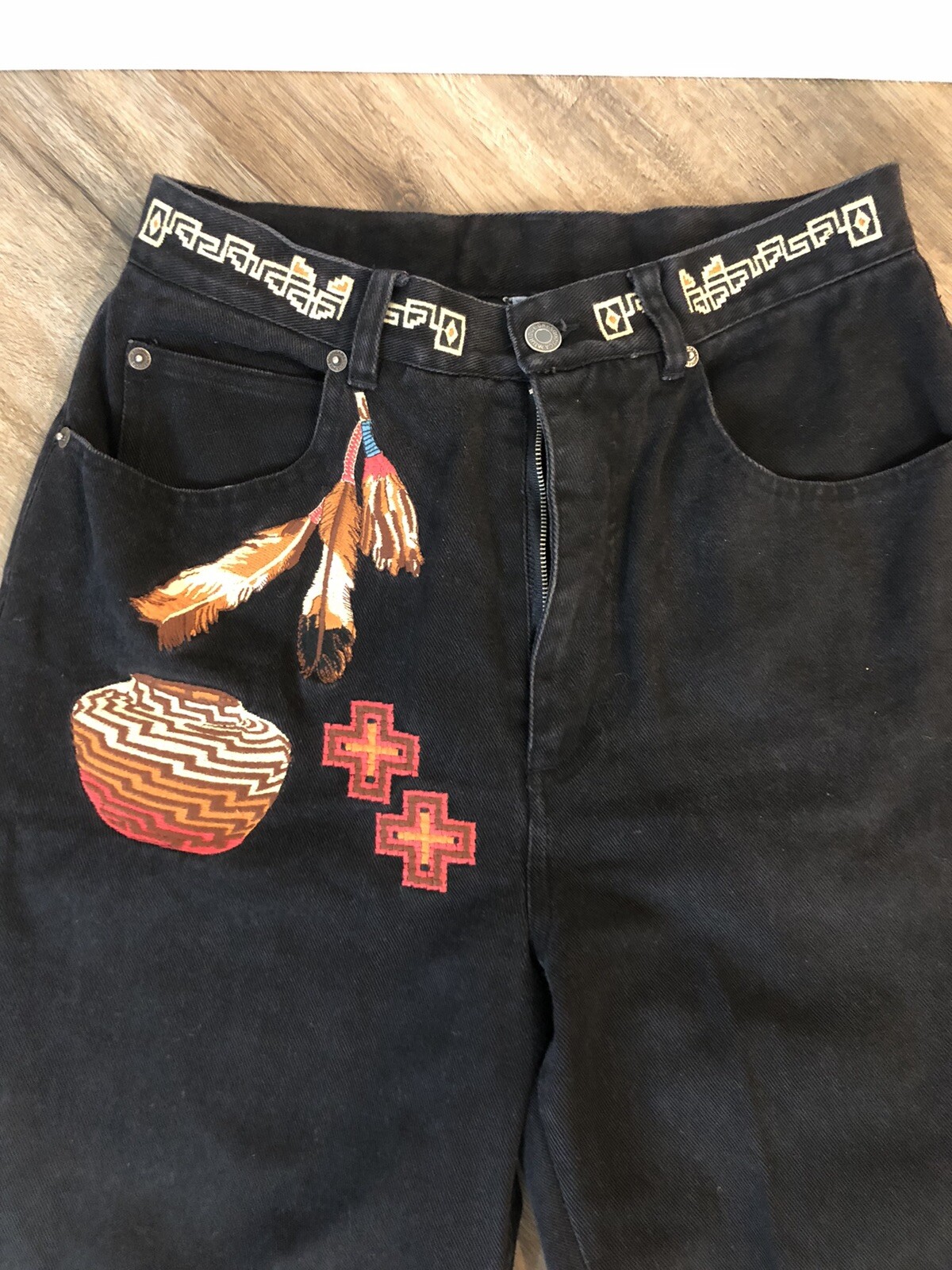 90s Cambridge Dry Goods Native Feather Kachina Black Tapered Jeans Size 10