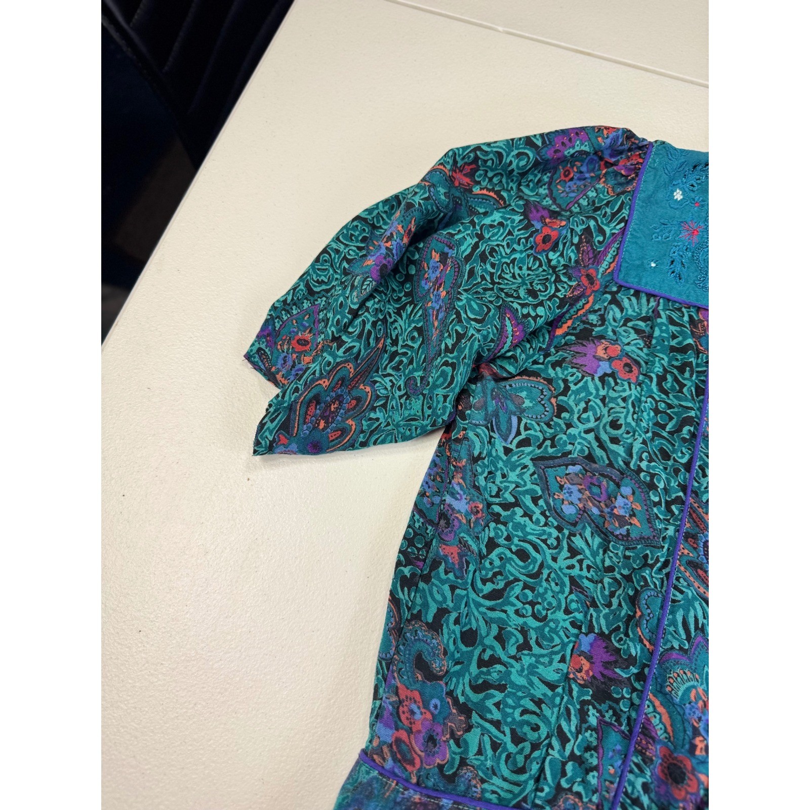 Vintage Phool Paisley Midi Dress Teal Purple Mock Neck Short Sleeve India M