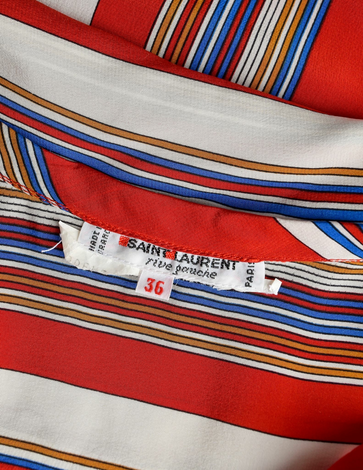 Yves Saint Laurent Vintage SS 1982 Red Multicolor Striped Silk Lavalliere Shirt