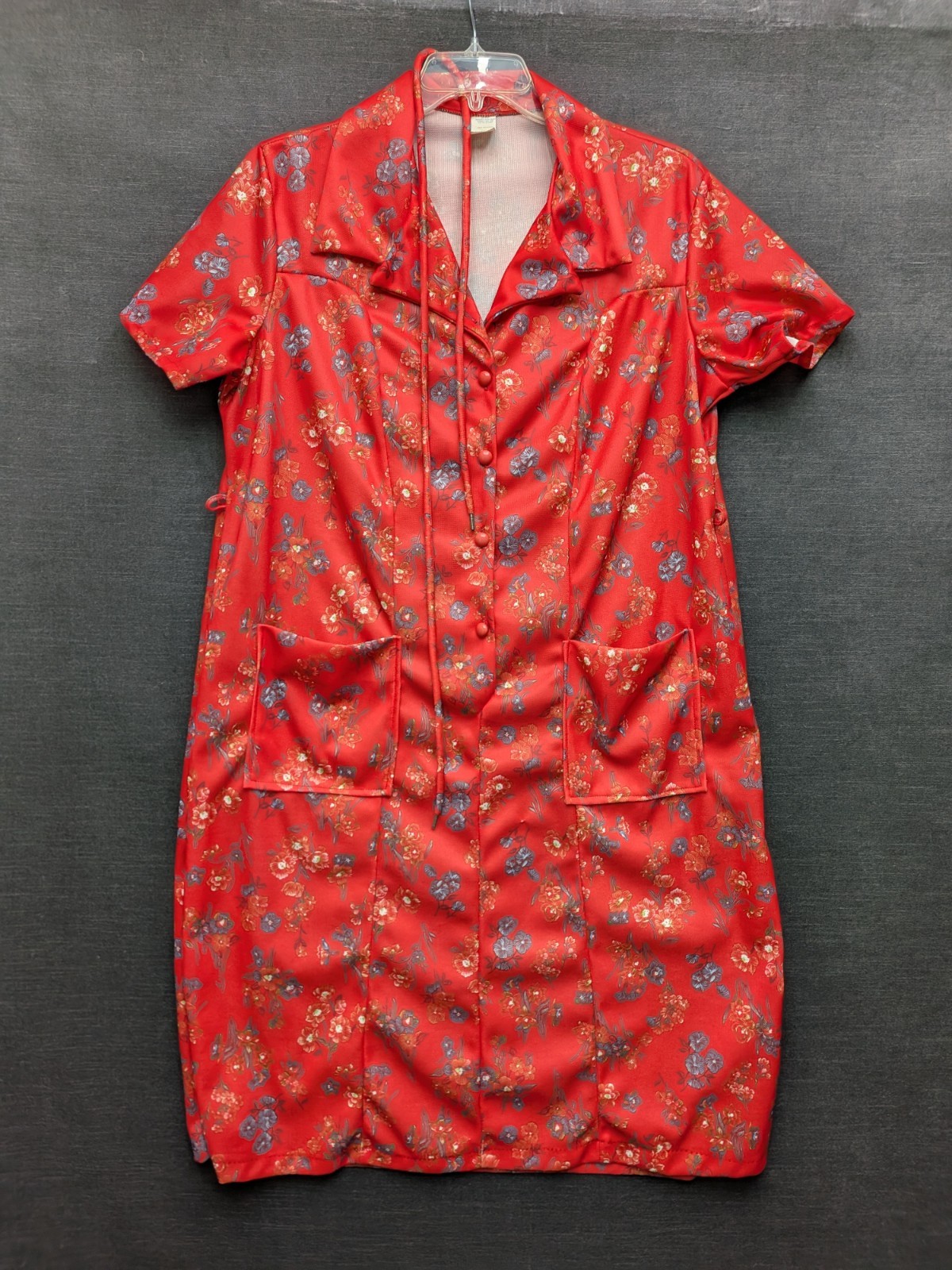 Vintage Floral Polyester Dress House Coat Dress Red Granny Core Grandma Lounge
