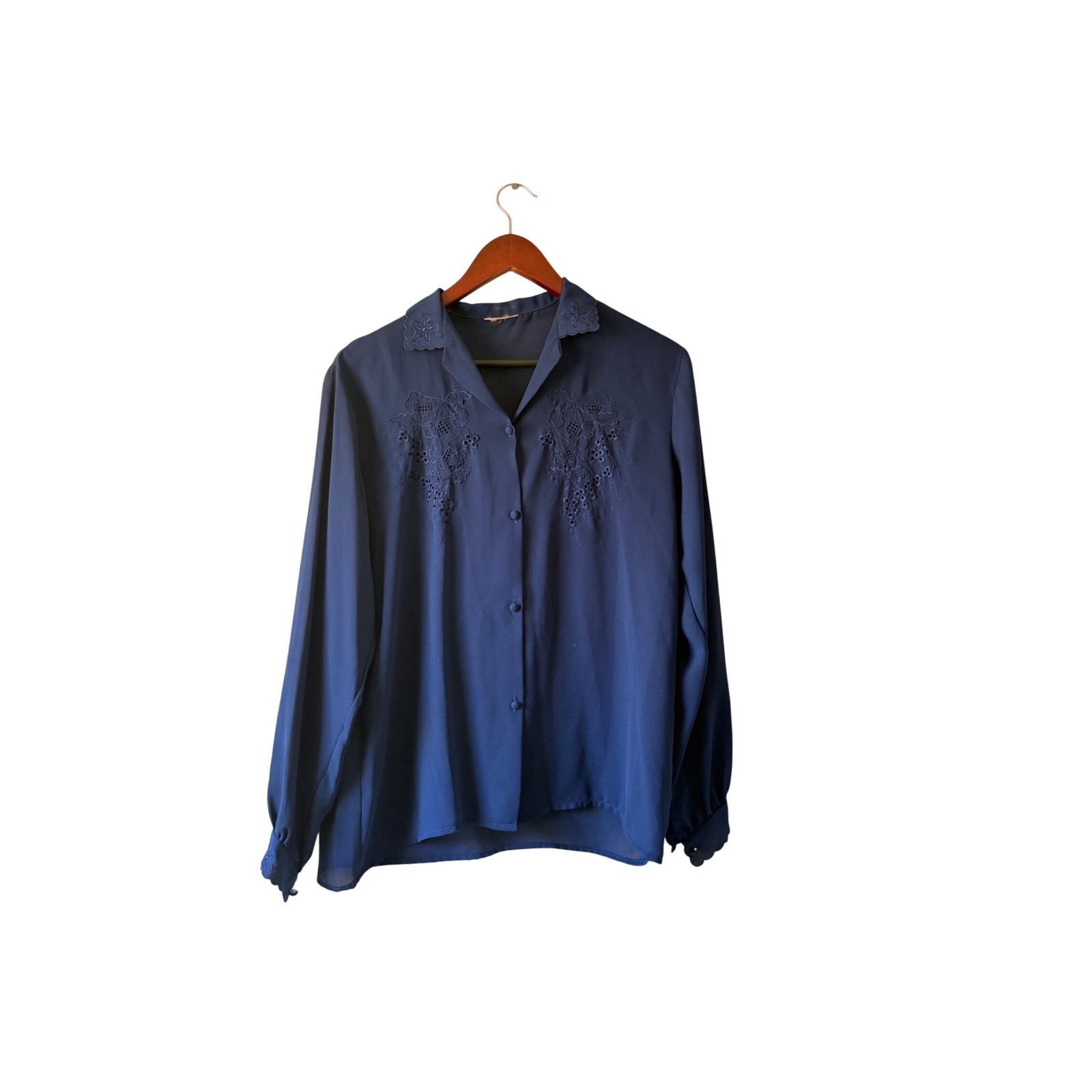 Vintage Navy Blue Embroidered Eyelet Scalloped Button Up Blouse Long Sleeve