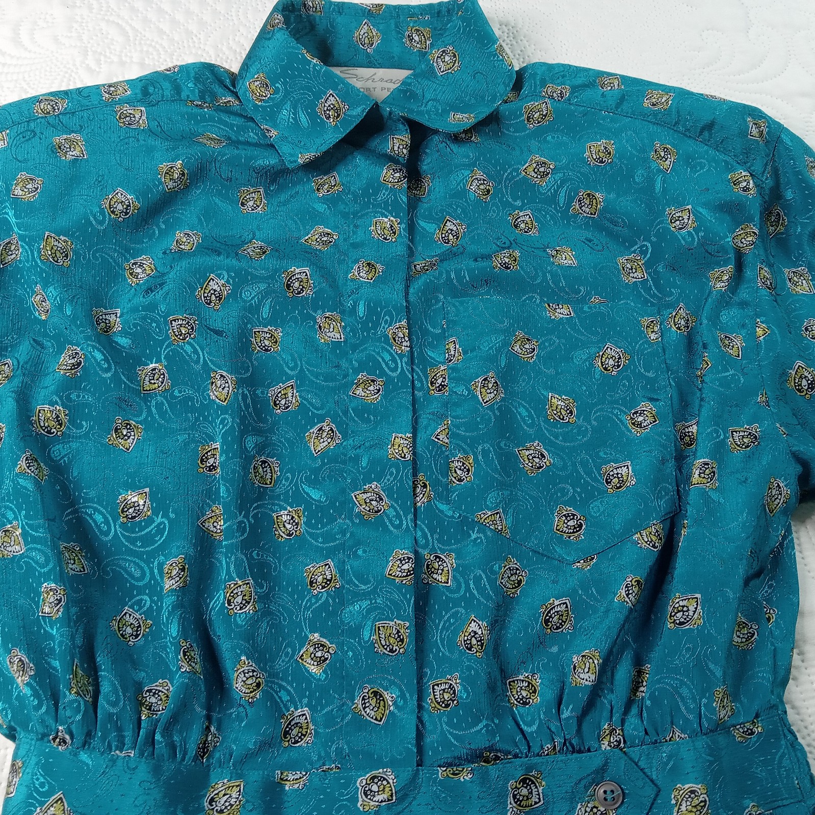Schrader Petite Sport Shirtdress 6 Teal Paisley Pleated Banded Waist Vtg 80s EUC
