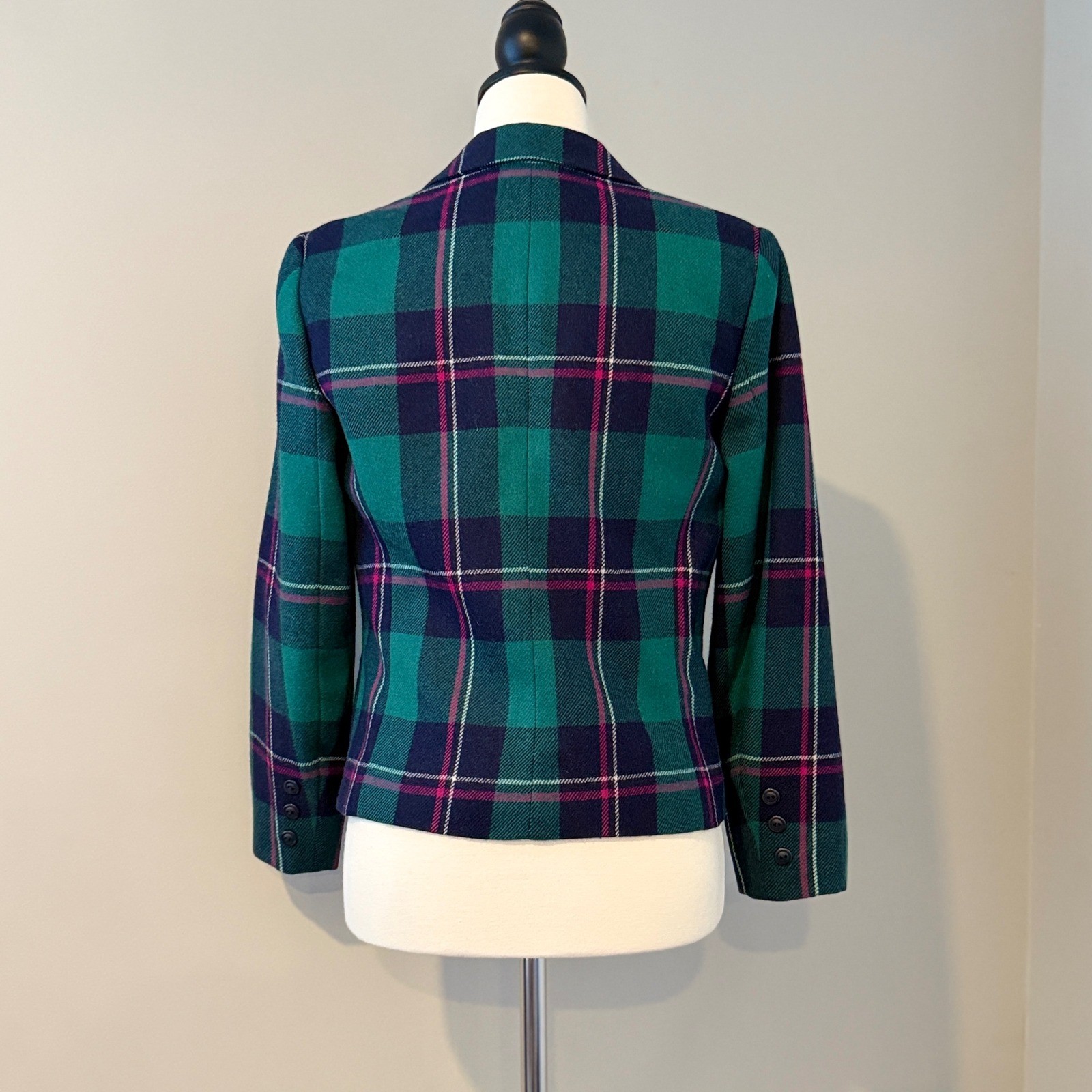 Vintage 80s Plaid Wool Blend Blazer – Teal Green Navy Pink – Petite Size 10