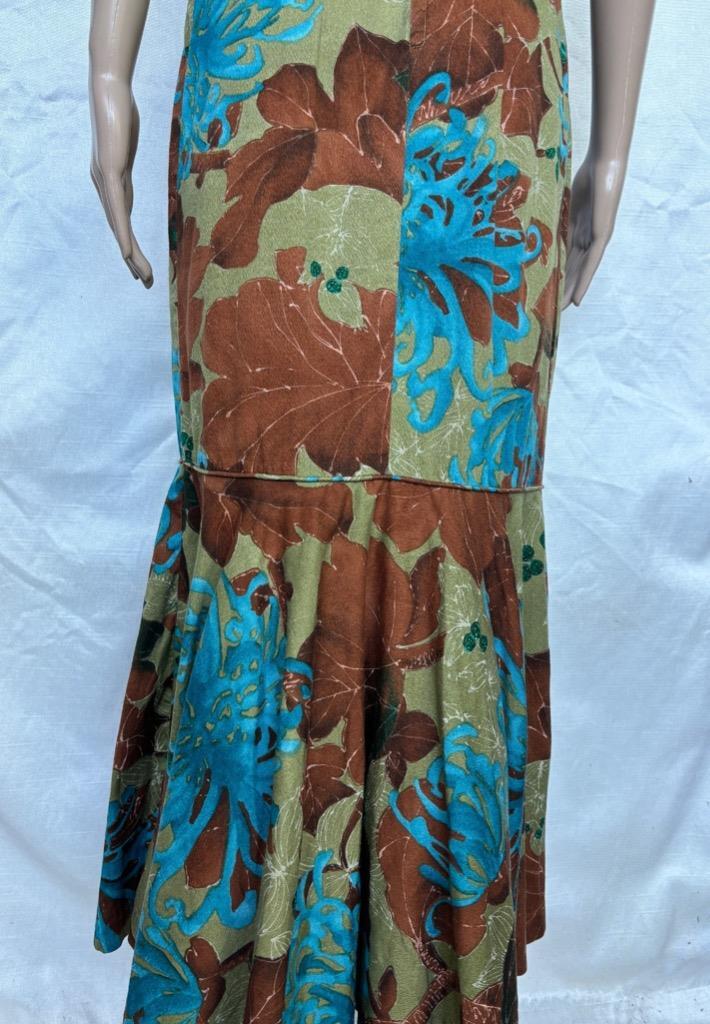 Malahini Hawaii Sheath Aloha Dress Trumpet Flared Ruffle Hem Tropical Barkcloth