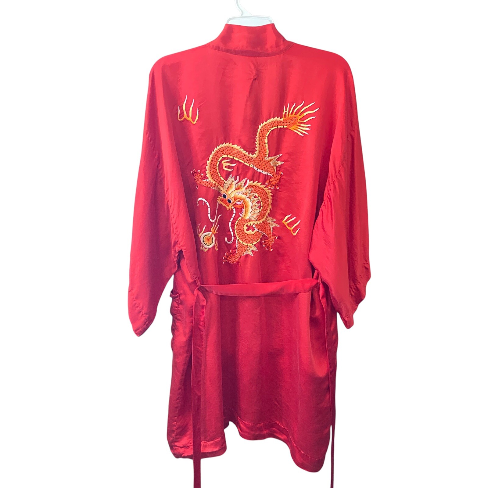 Golden Deer Kimono Robe Size Medium 100% Silk Red Hand Embroidery Dragon Vintage