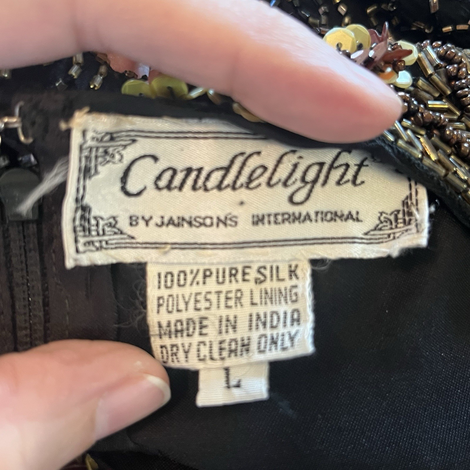 Vintage Candlelight by Jainsons Black 100% Silk Beaded Sequin Top L 1980s Glam