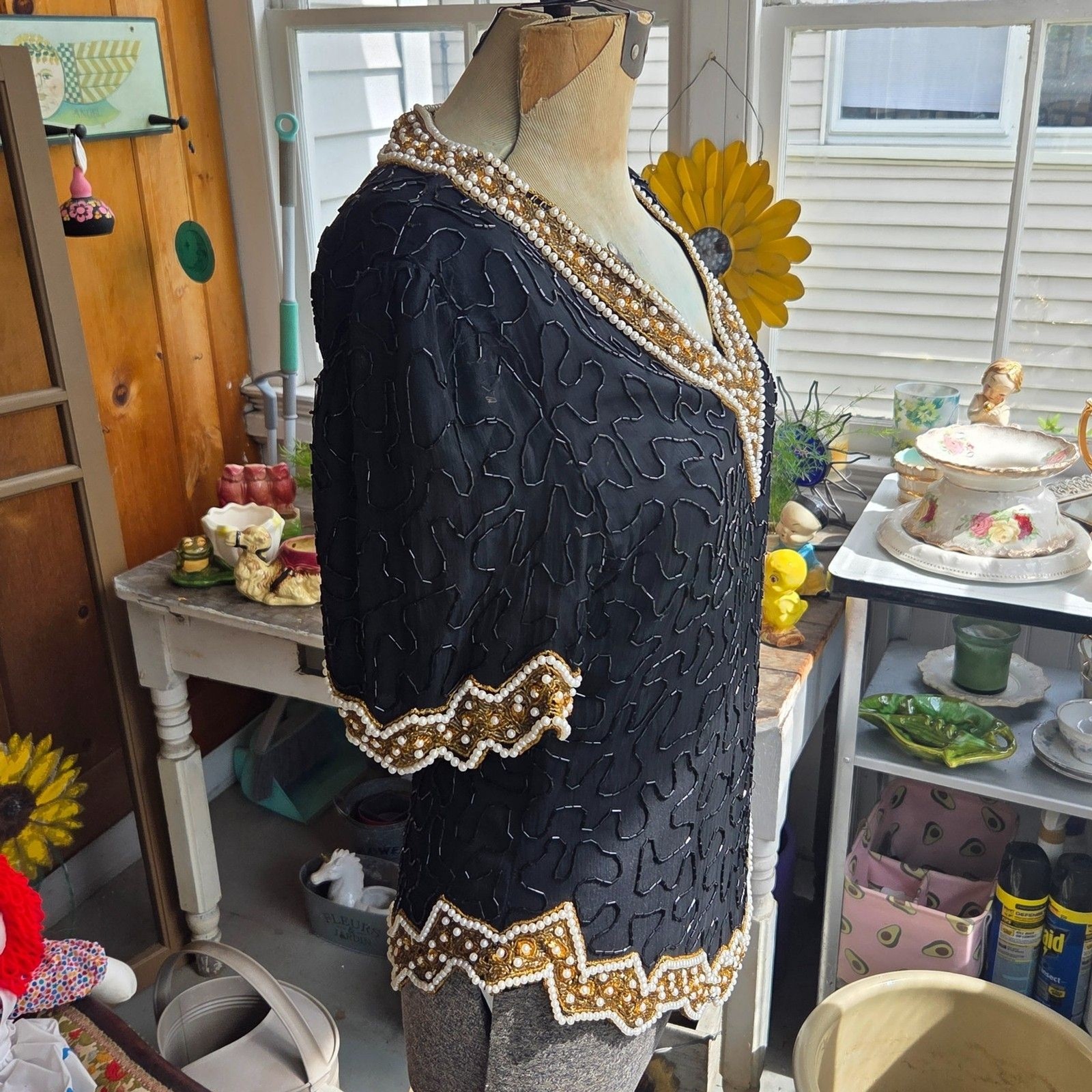 NWT Vintage 80s Laurence Kazar Vintage Top, Beaded With Pearls Silk Size Medium