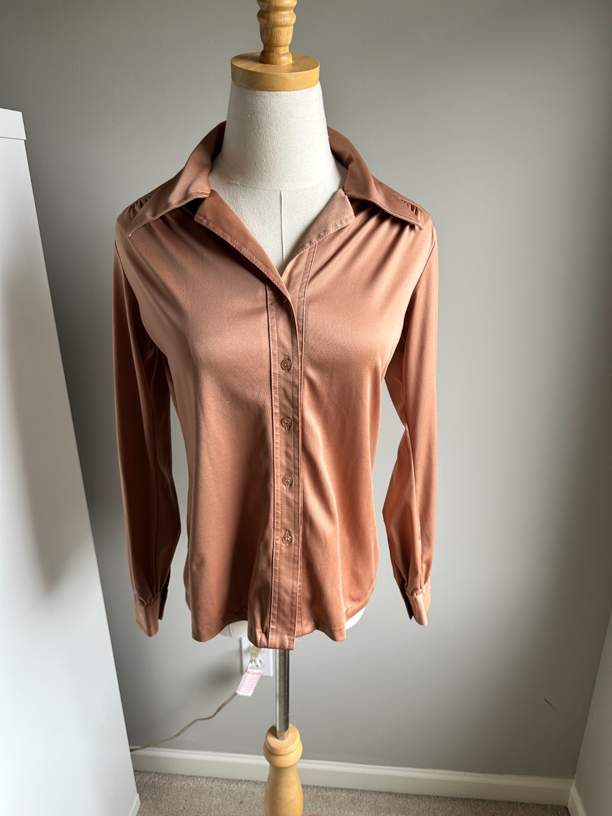 Vintage 80s or 90s Macy’s Satin Blouse Camel Brown Button Up Small