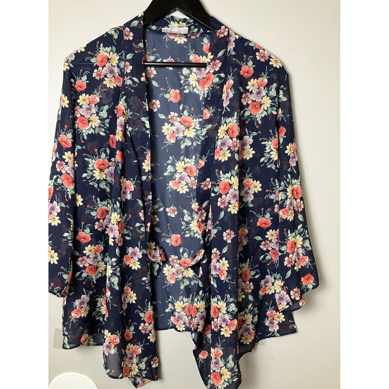 Vintage Navy Floral Sheer Kimono Open Cardigan Cottagecore Romantic Size Medium
