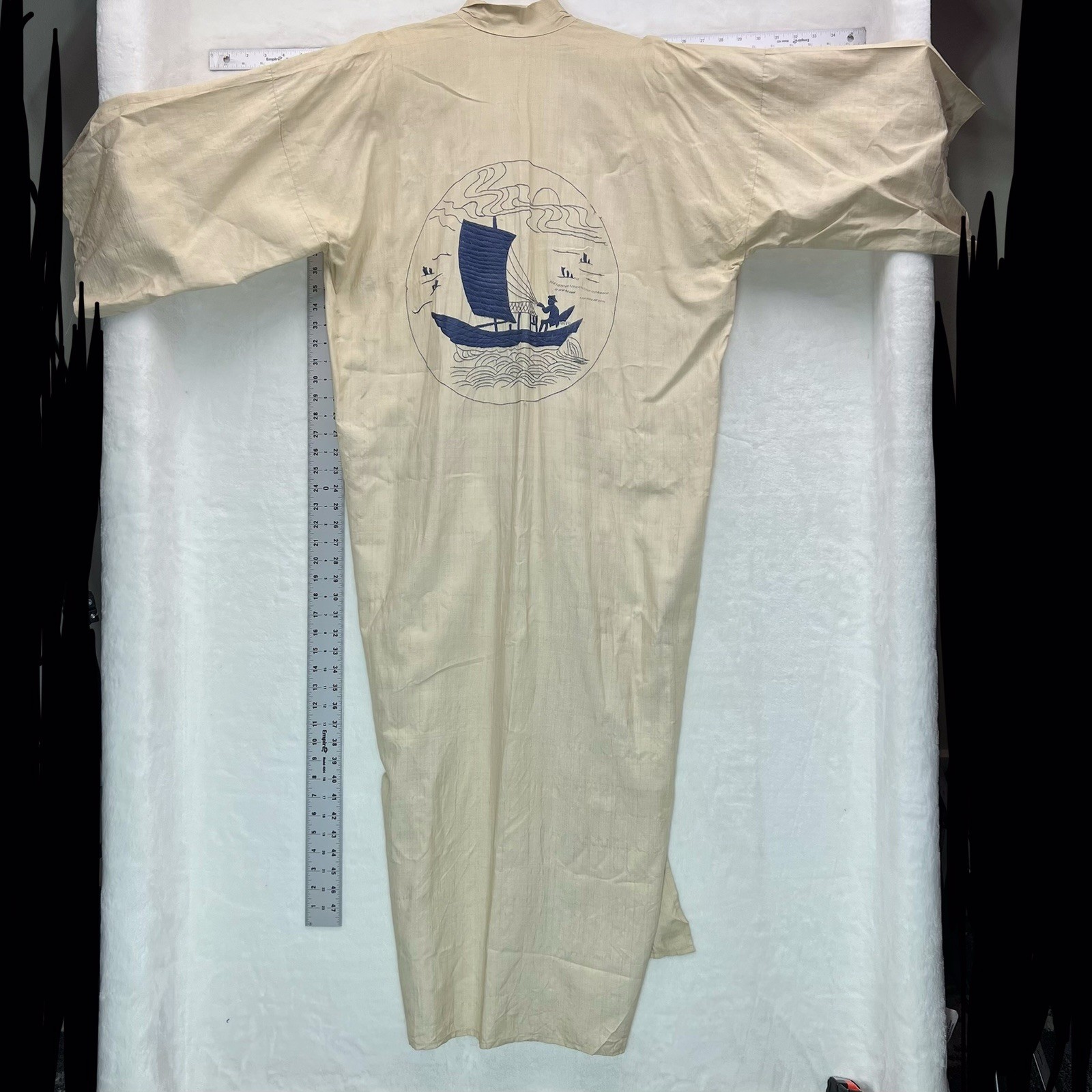 1930s Antique Silk Chinese Robe Kimono Embroidered Blue Sailboat Water Bird