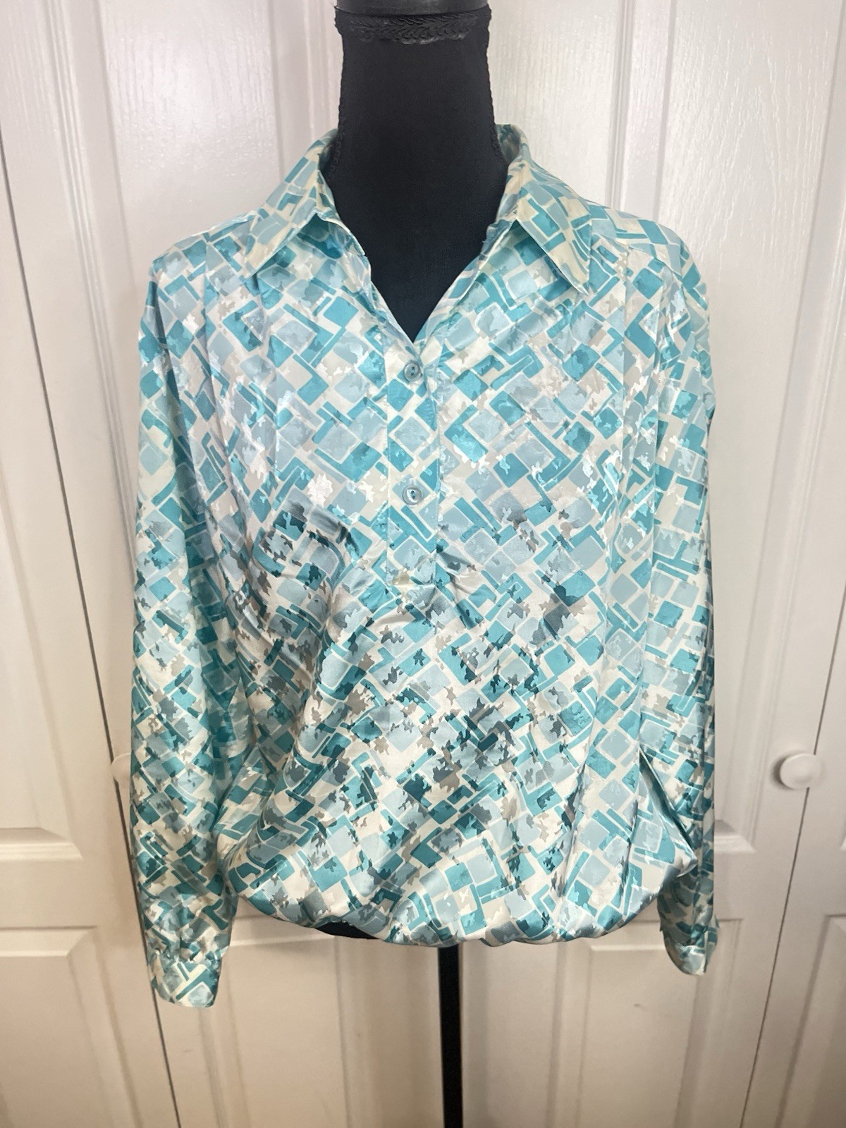 Vintage Da-Rue of California Blouse Sz 16 Elastic Waist 70s Silky Jacquard Shiny