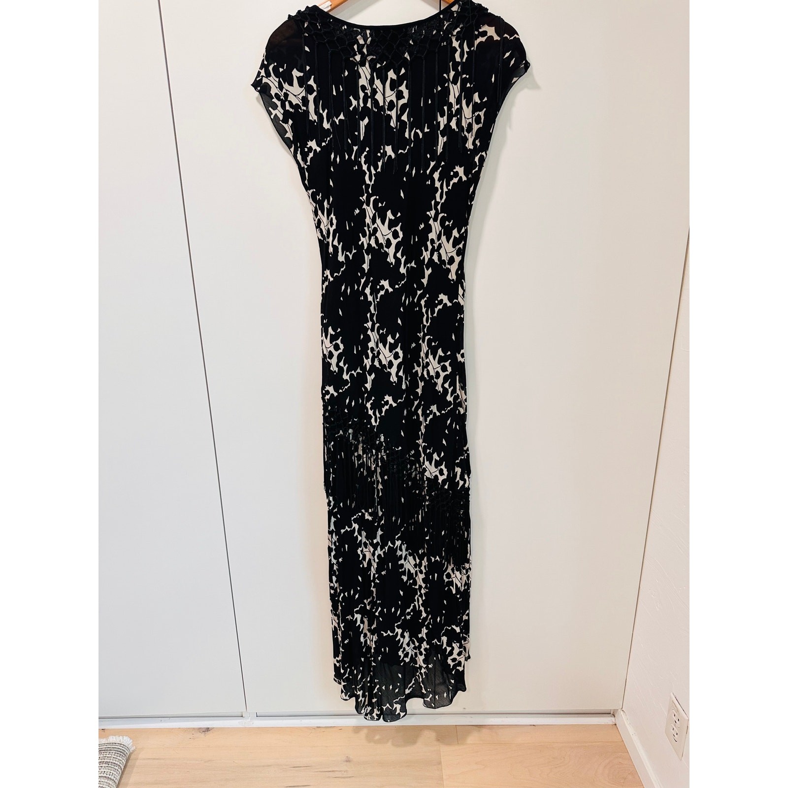 VTG 90s Sheer Black Floral Fringe Neckline Bias Cut Fairy Midi Dress Piano Shaw