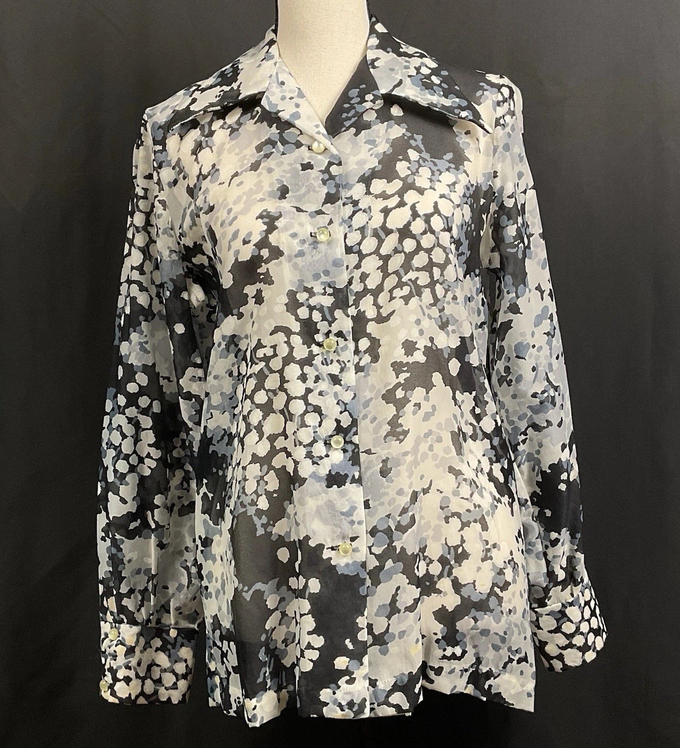 Vintage Blouse Size 32 Sheer Black White Abstract Art Print Butterfly Collar 70s