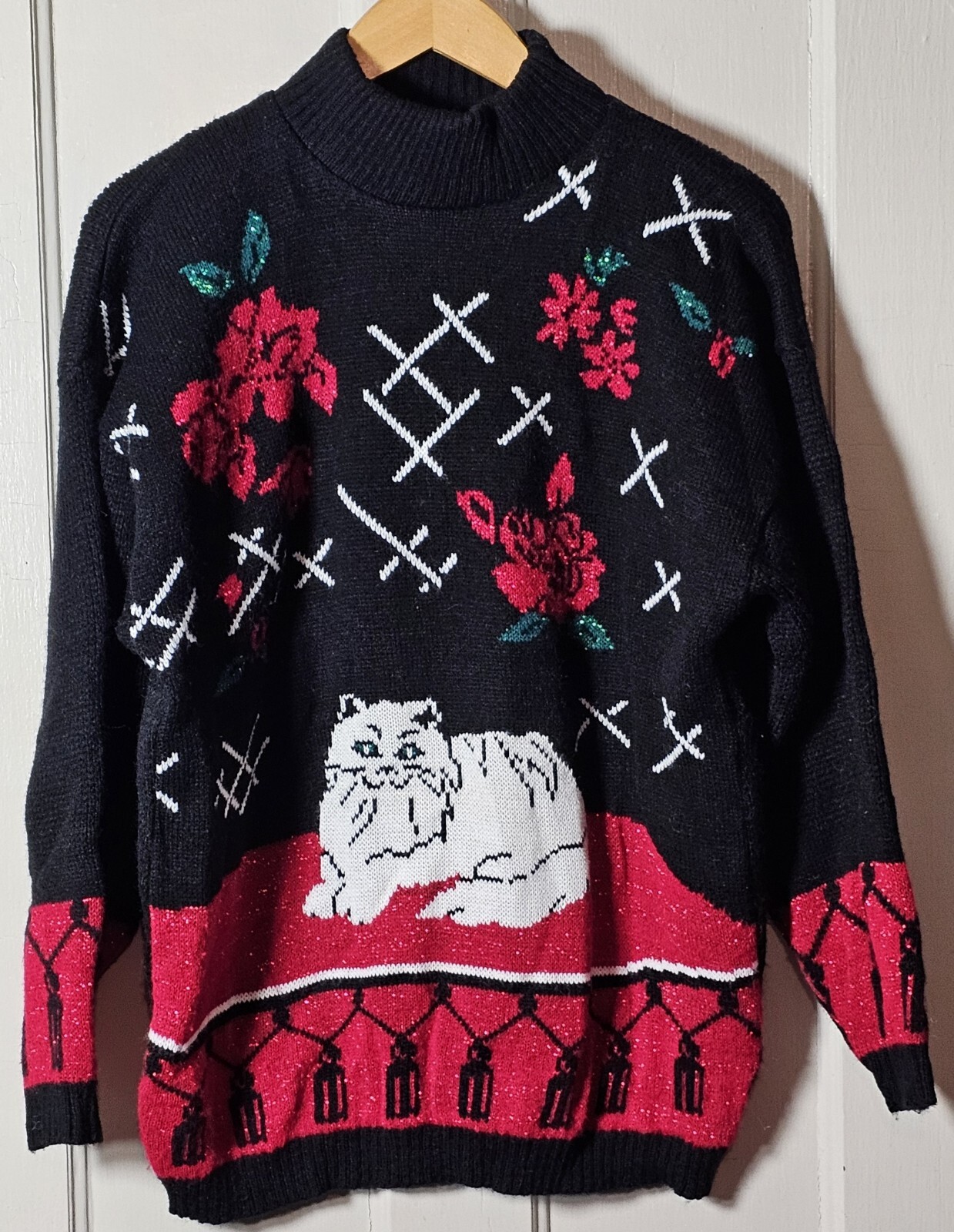 VTG SPUNKY Ugly Sweater Women L Black Red Metallic Whimsygoth White Spooky Cat