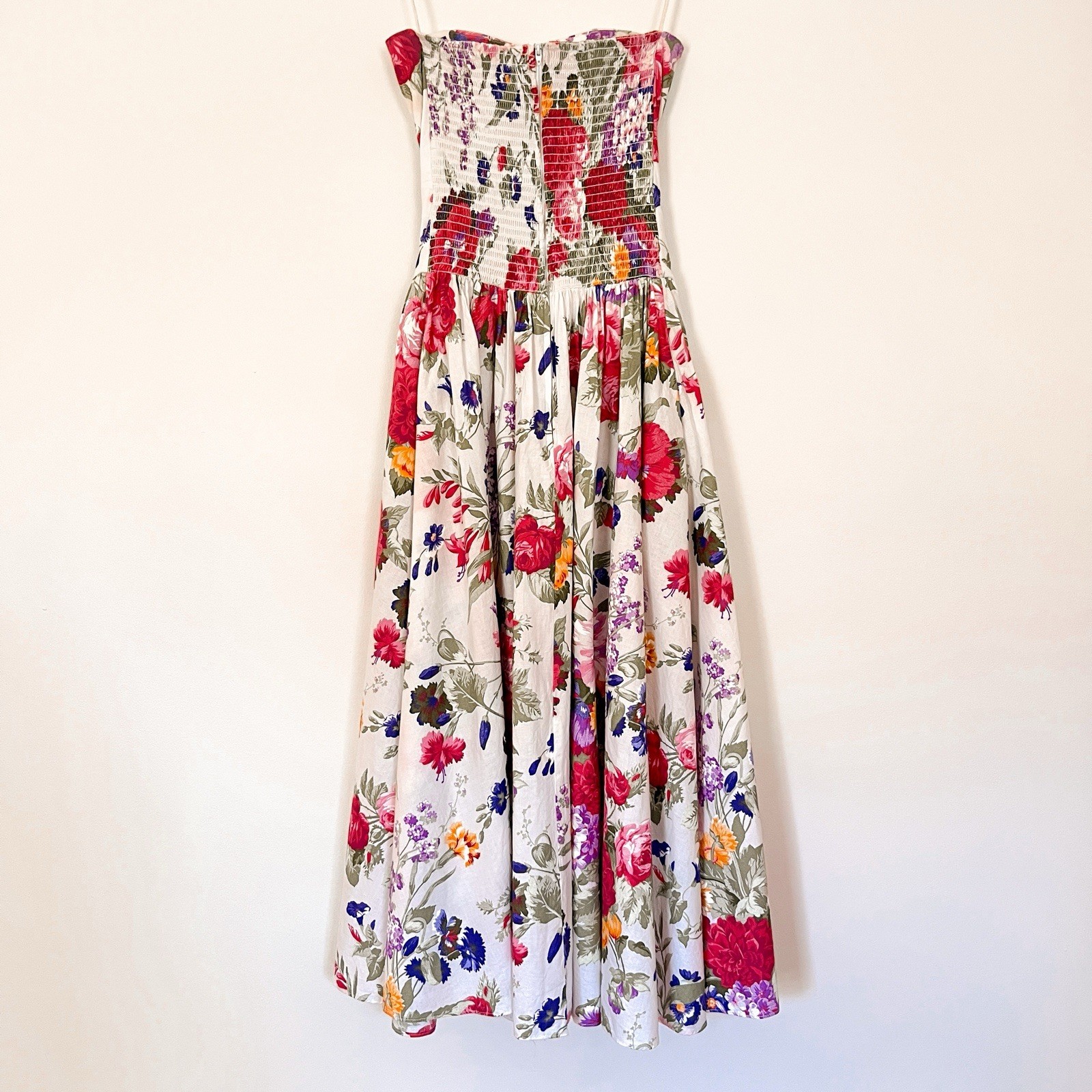 Vintage 80s Strapless Basque Waist Floral Midi Dress with Pink & Purple Blooms