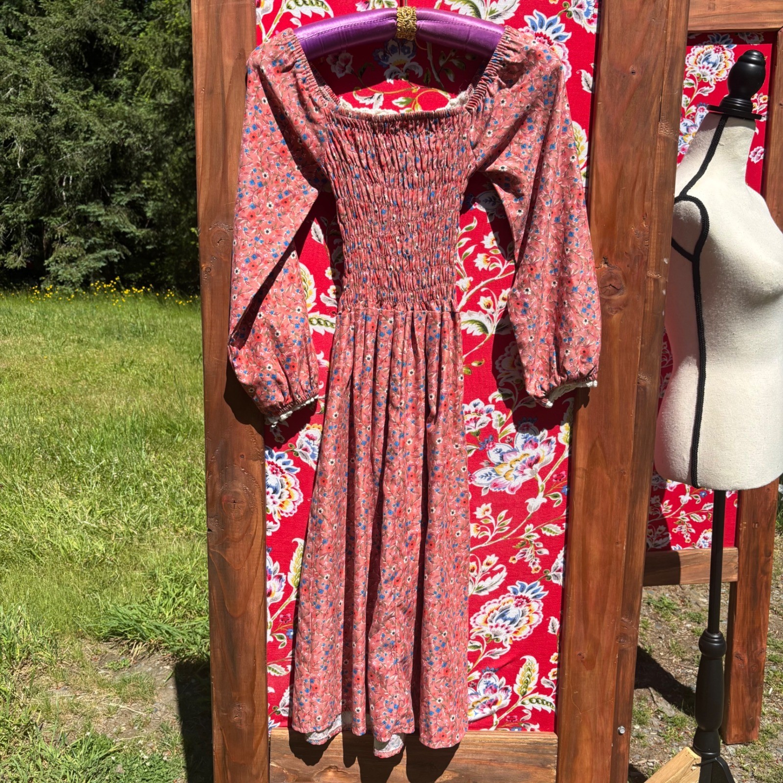 VTG Pink Floral Smock Milkmaid Prairie Lace Trim Peasant Sleeve Dress Size XS