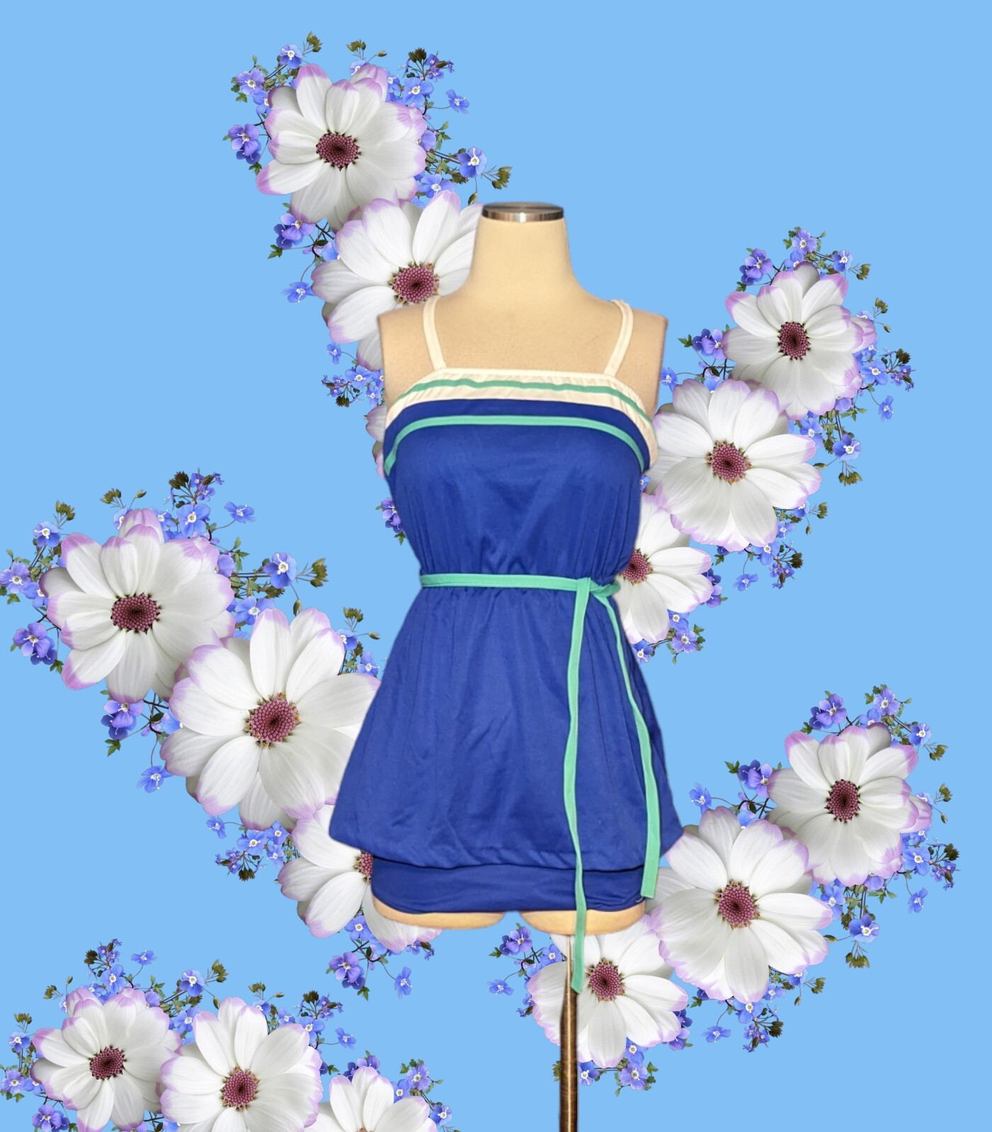 NOS 1960’s SEA FASHIONS Blue Swimsuit 2 Piece Tank Suit Women’s Size 10 Vintage