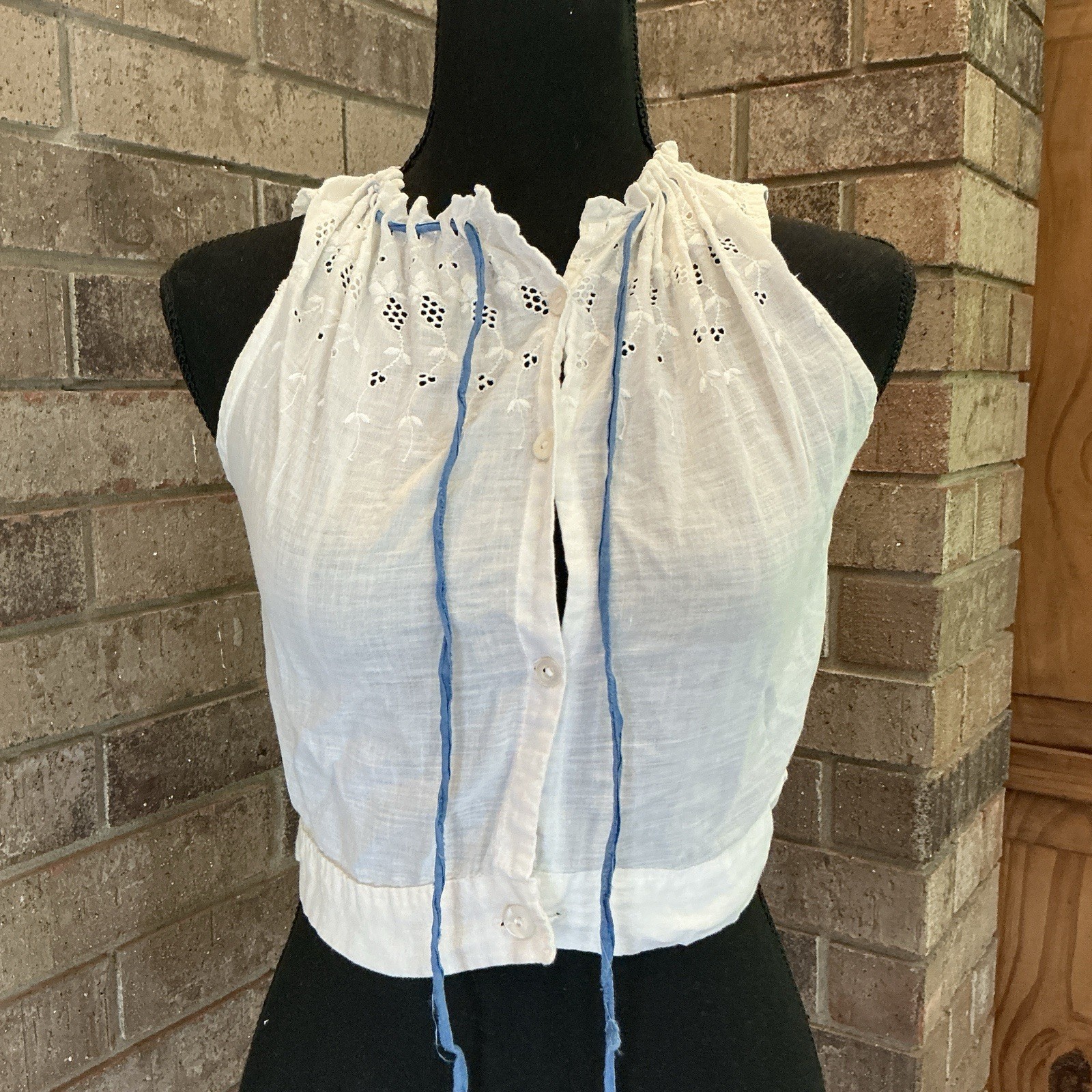 Antique Victorian Corset Cover Eyelet Cotton Womens Size S Blue Ribbon Tie #19F4