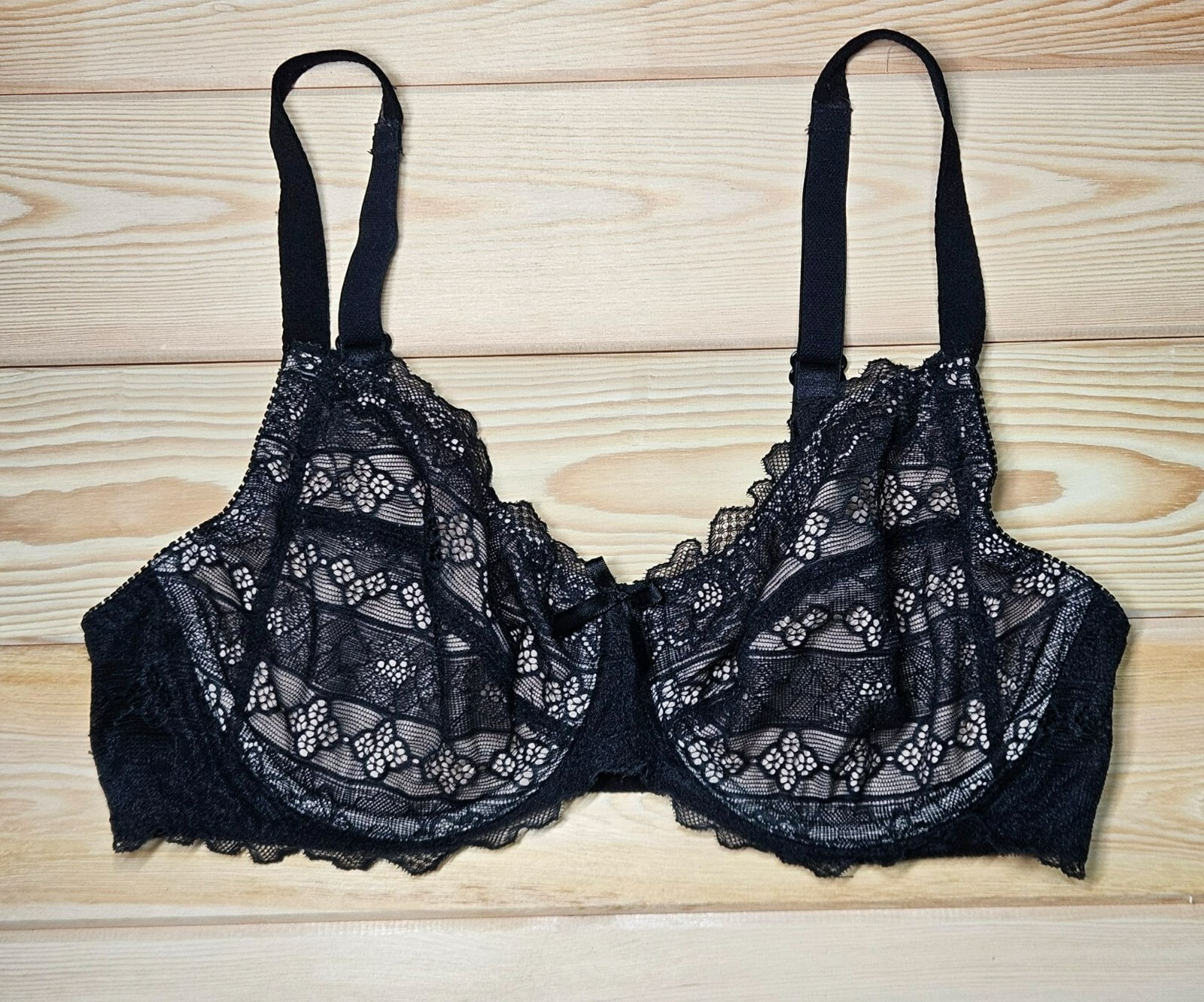 VTG Breezies Black Lace Underwire Bra 36C Sheer Lace Comfortable Fit