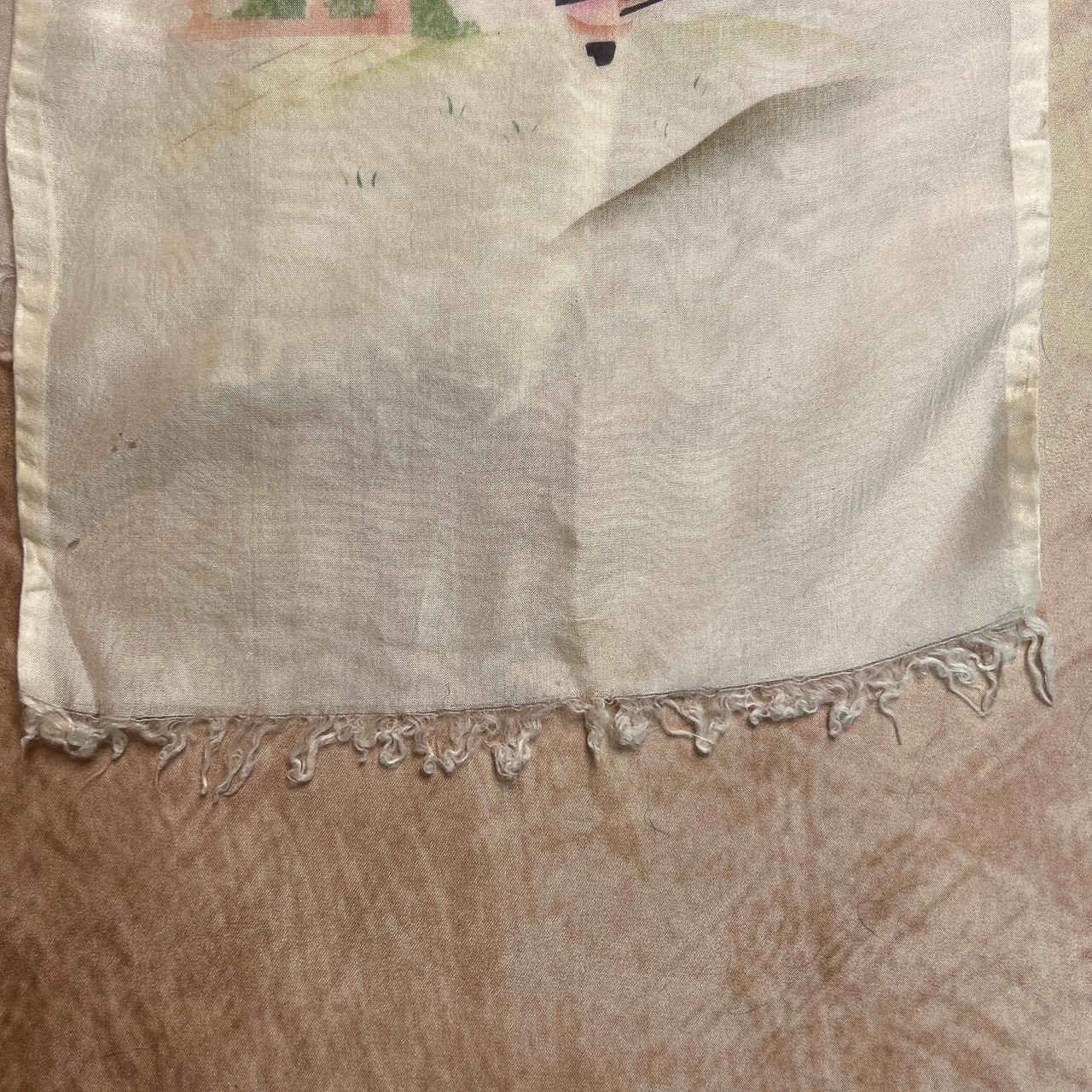 Vintage 40s Japanese Painted Geisha Kimono Garden Pagoda Scarf Multicolor Fringe