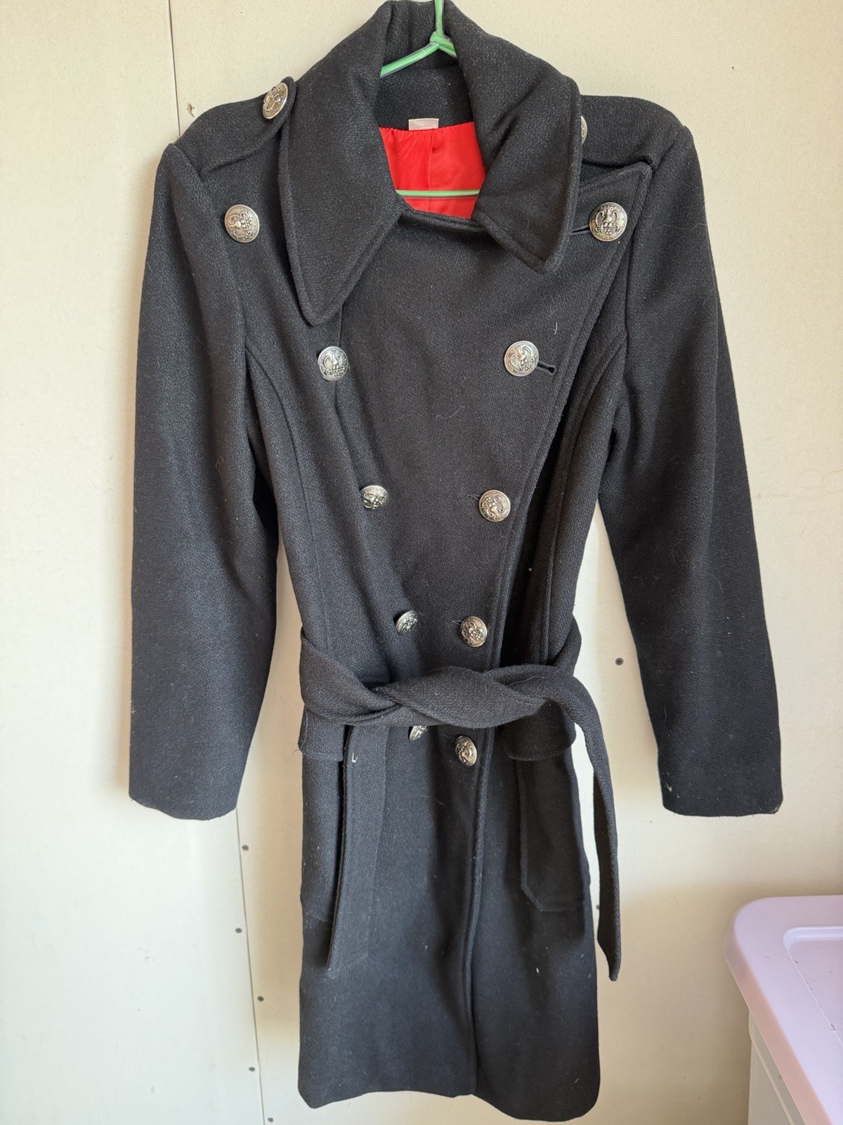 Vintage 60s Valor Black Wool Military Trench Coat Red Lining Mod Women’s 9/10