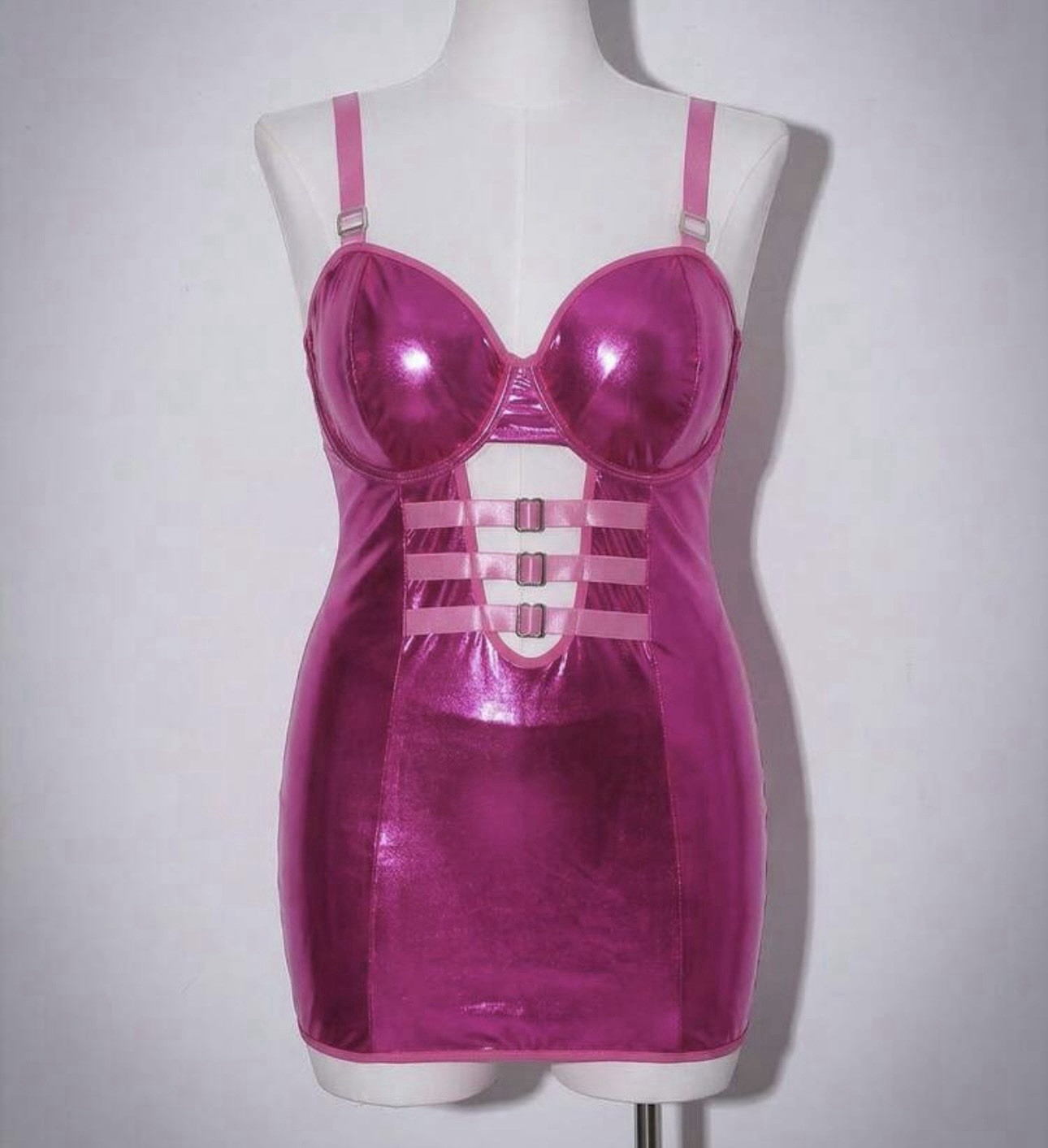 Metallic Wet Look Lame’ Pink Slip Bodycon Dress Vixen Neon Mesh Back PLUS 2X NEW