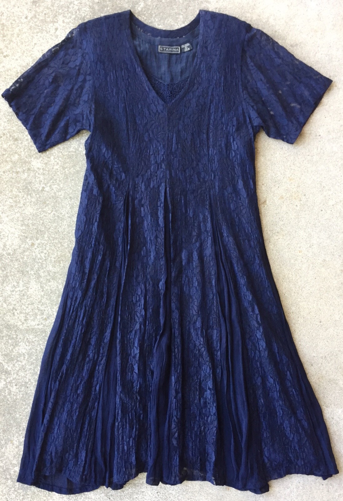 STARINA vintage dress Large Navy Blue lace 90s romantic knee length short sleeve