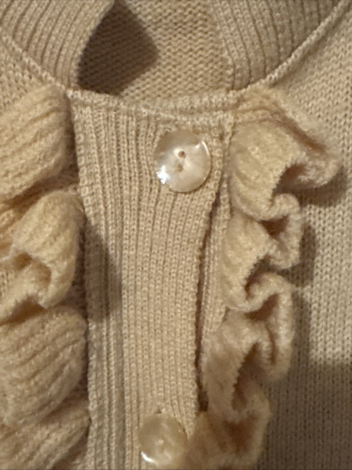 Vintage 1970’d Kingsley Ruffled Cardigan Sweater Camel Colored