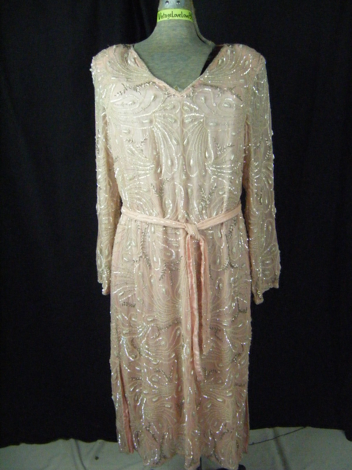 STAR LIGHT CITY Vtg 80s Pink Heavy Peacock Pearl Beaded Silk Dress-Bust 40/M
