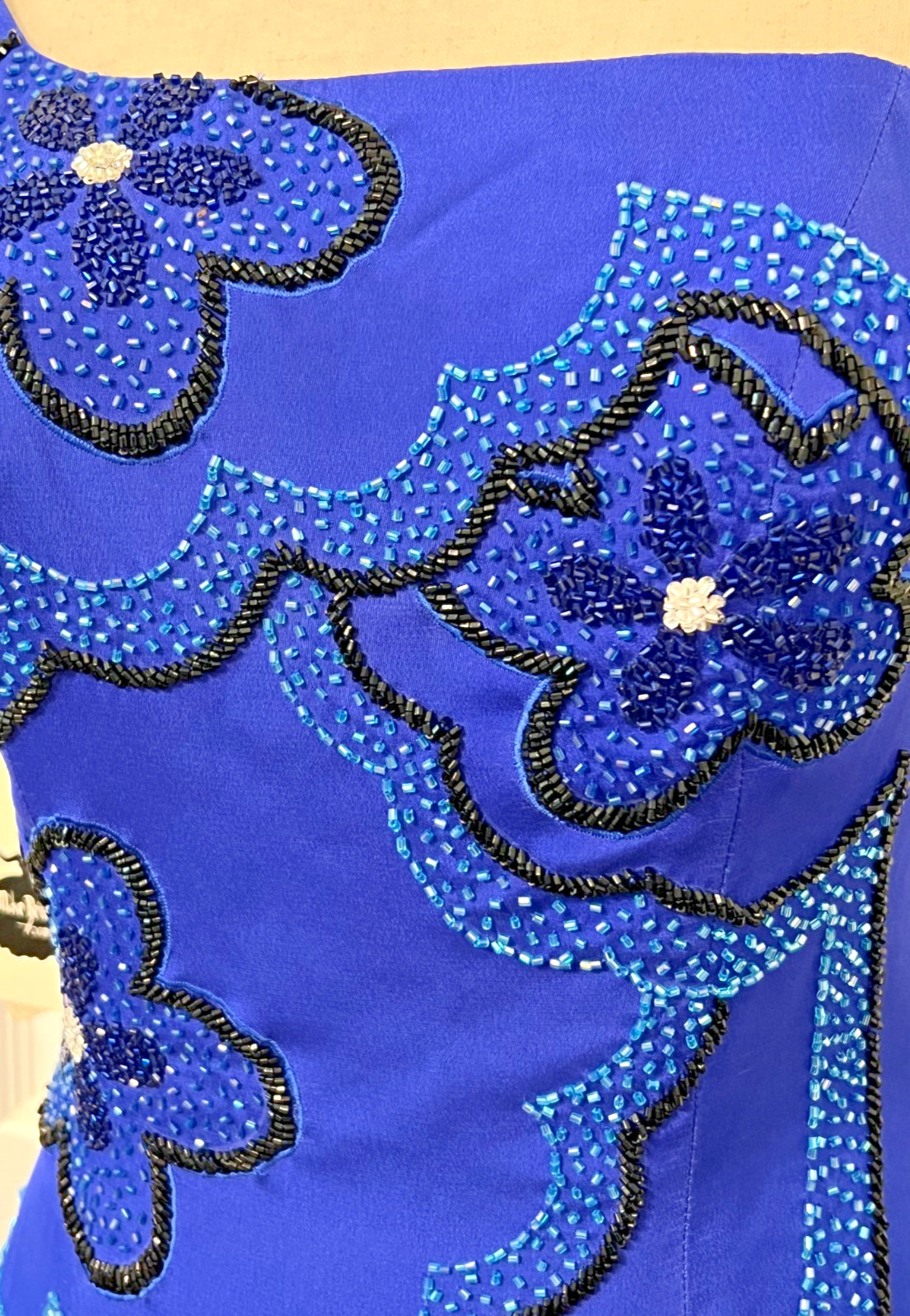 Vtg MIKE BENET FORMALS Sz 8 100% Silk Long Gown Dress Blue Floral Beaded Prom